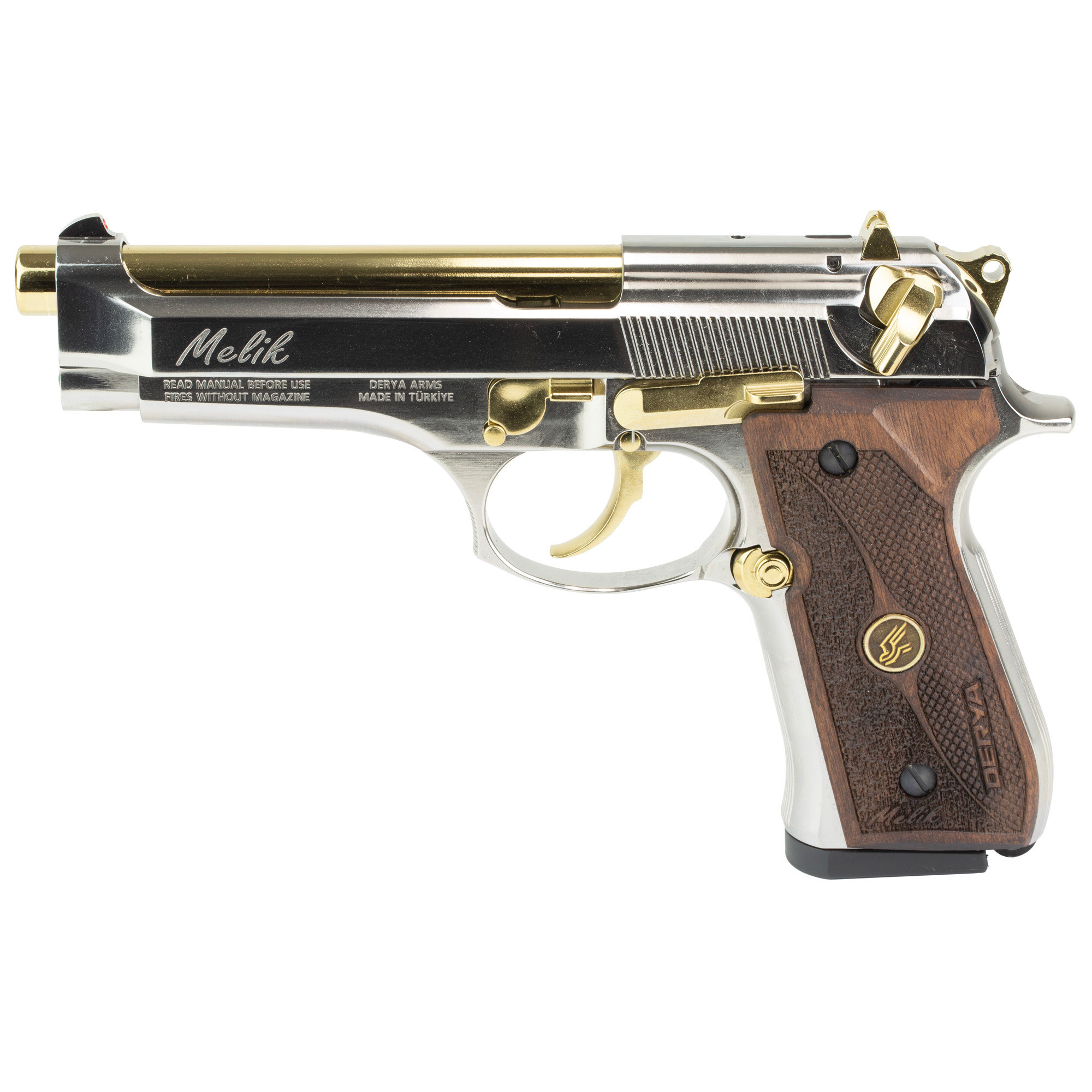 Derya Melik 9MM, 4.9" Nickel/Gold/ Mohogany 17RD Pistol