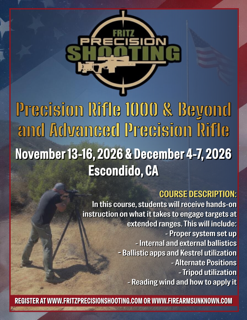Fritz Precision San Diego - Precision Rifle 1000 and Beyond & Advanced Bundle (4-day Course - Nov. 13-16, 2026)