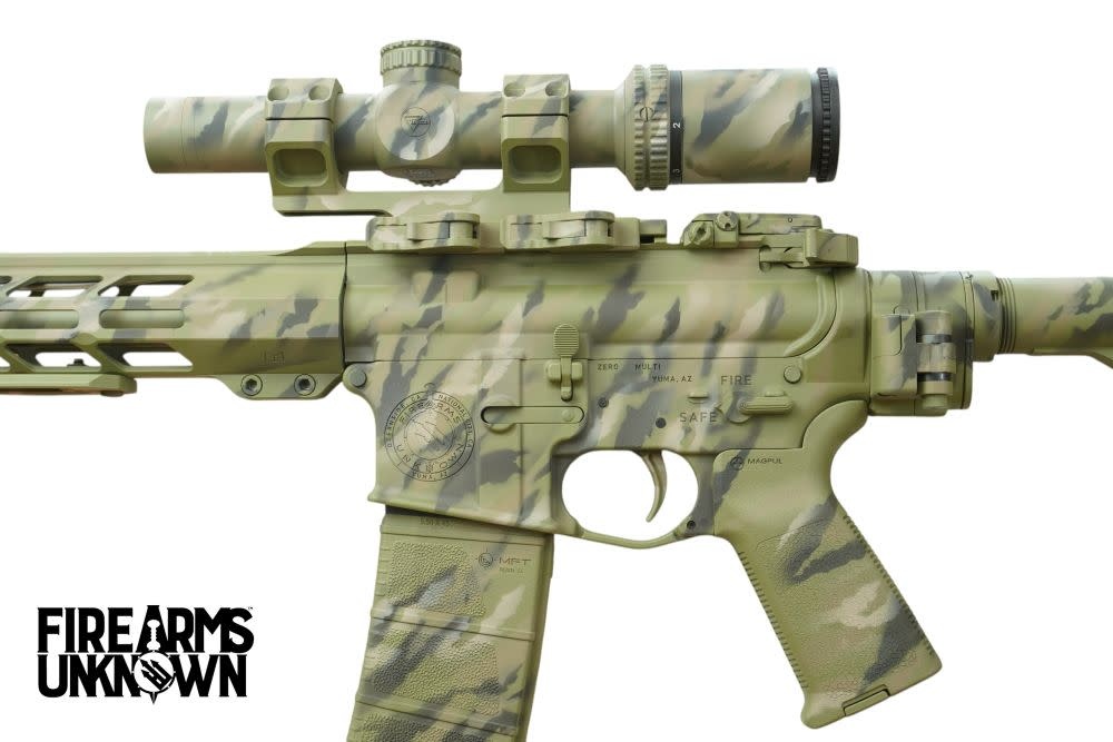 FU ZERO 5.56 16" , 30RD Rifle w/ Trijicon Ascent, Cerakote FDE/Desert Sand/BLK Full Camo, ARCA Rail, MBUS