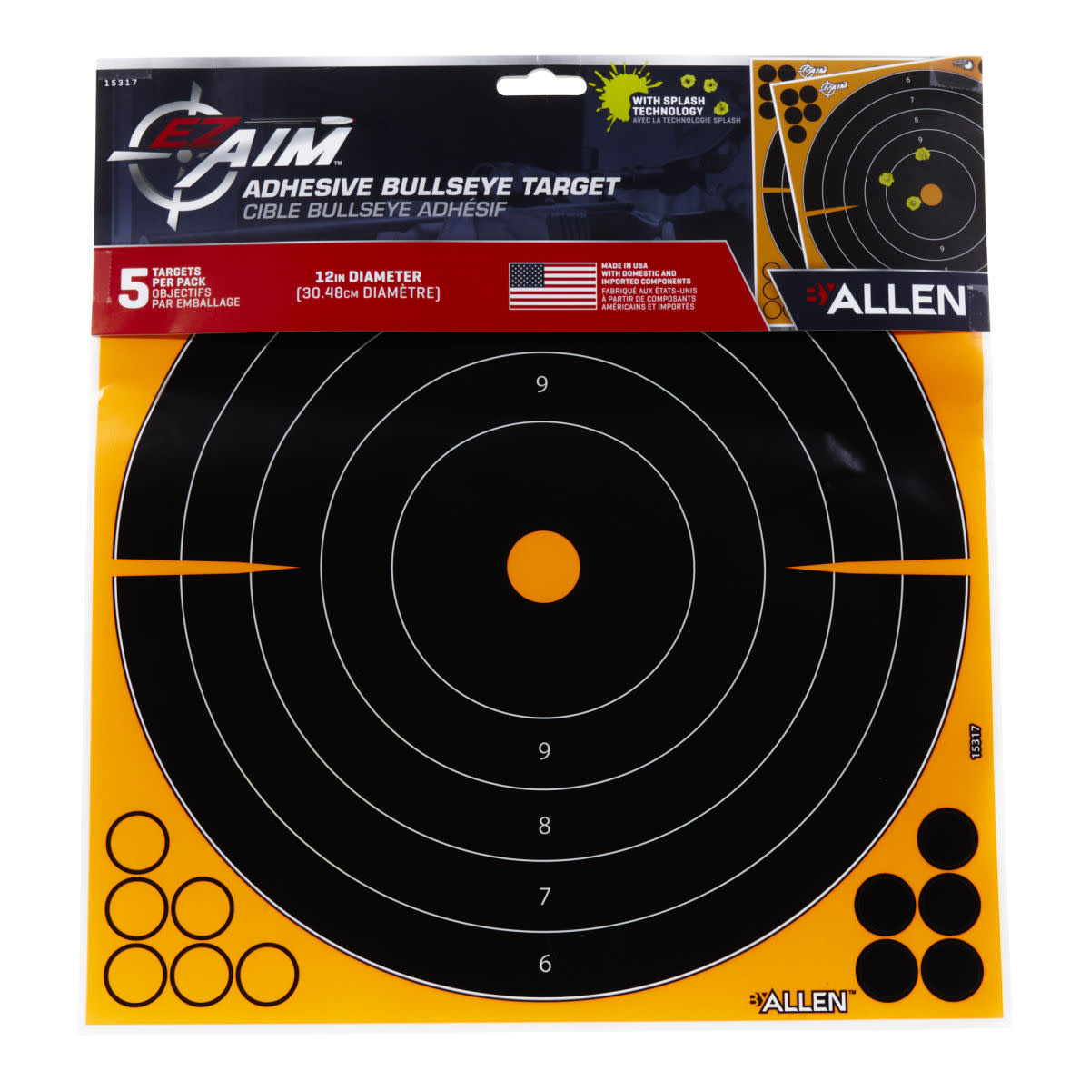 Allen EZ AIM Adhesive 12" Bullseye Splash Reactive Paper Target 5 PK