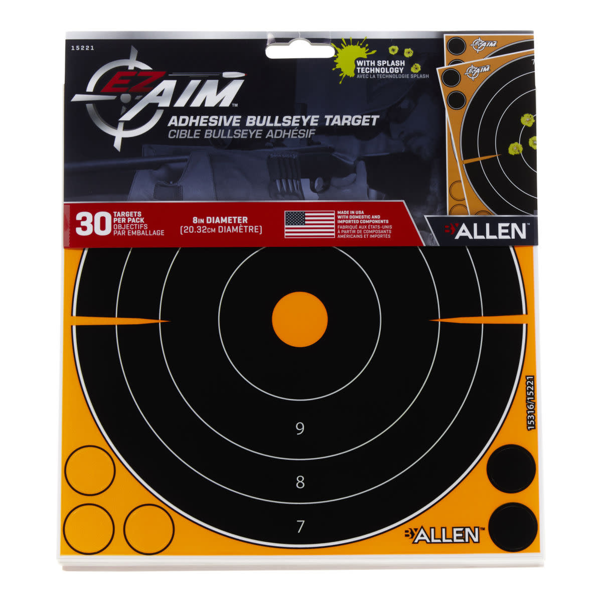 Allen EZ AIM Adhesive 8" Bullseye Splash Reactive Paper Shooting Targets 30PK