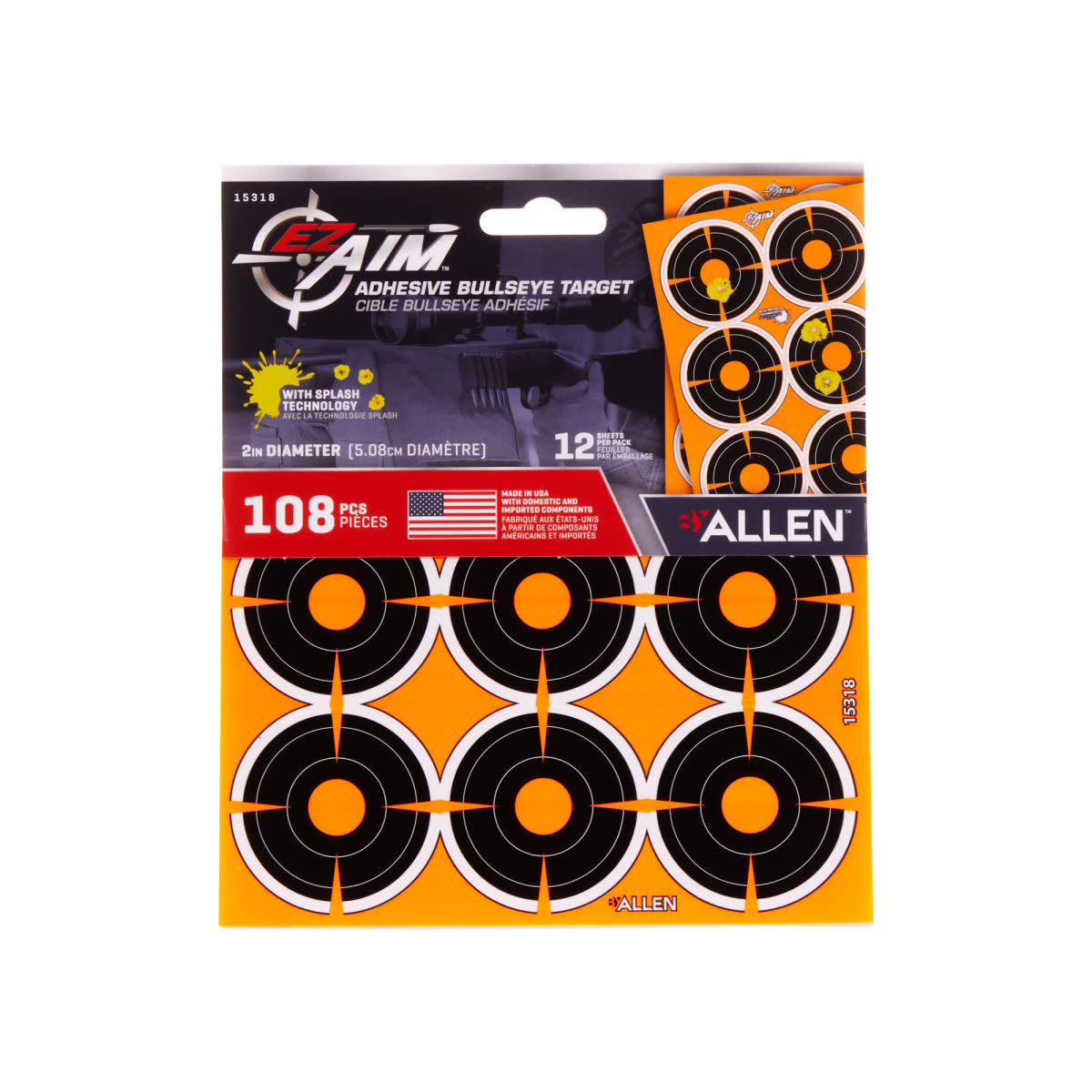 Allen EZ AIM Adhesive (9) 2"Bullseye Splash Reactive Paper Shooting Targets 12PK