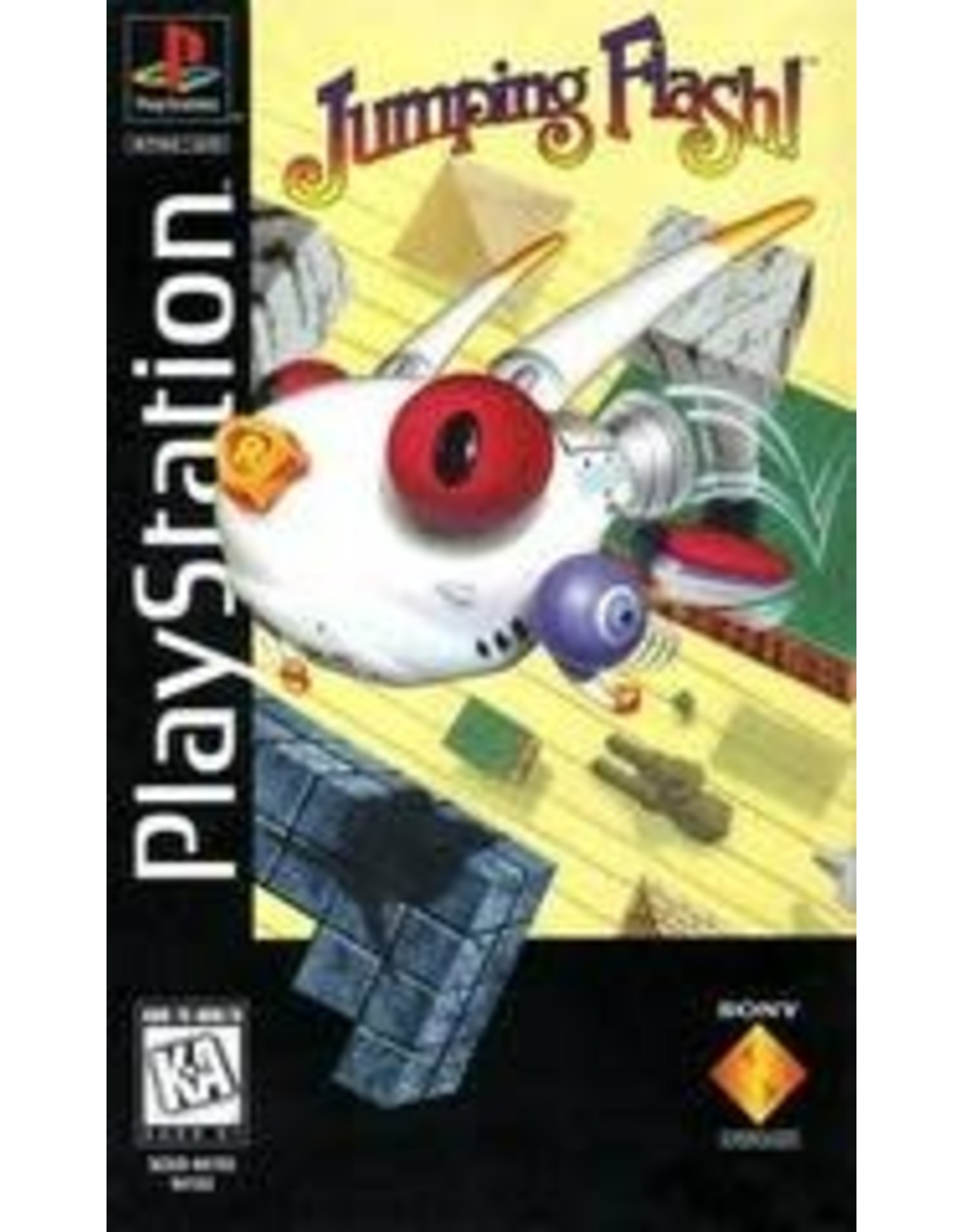 Playstation Jumping Flash (CiB, Long Box, Damaged Box and Manual, Old Glue on Disc Label)