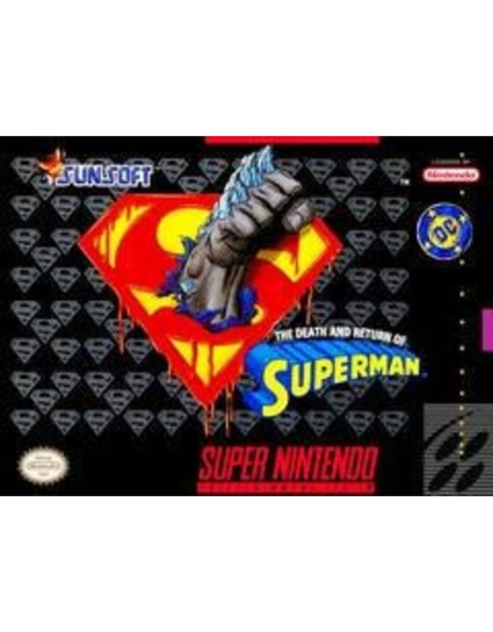 Super Nintendo Death and Return of Superman, The (Boxed, No Manual, Damaged Box, Damaged Label, Severely Yellowed Cart)