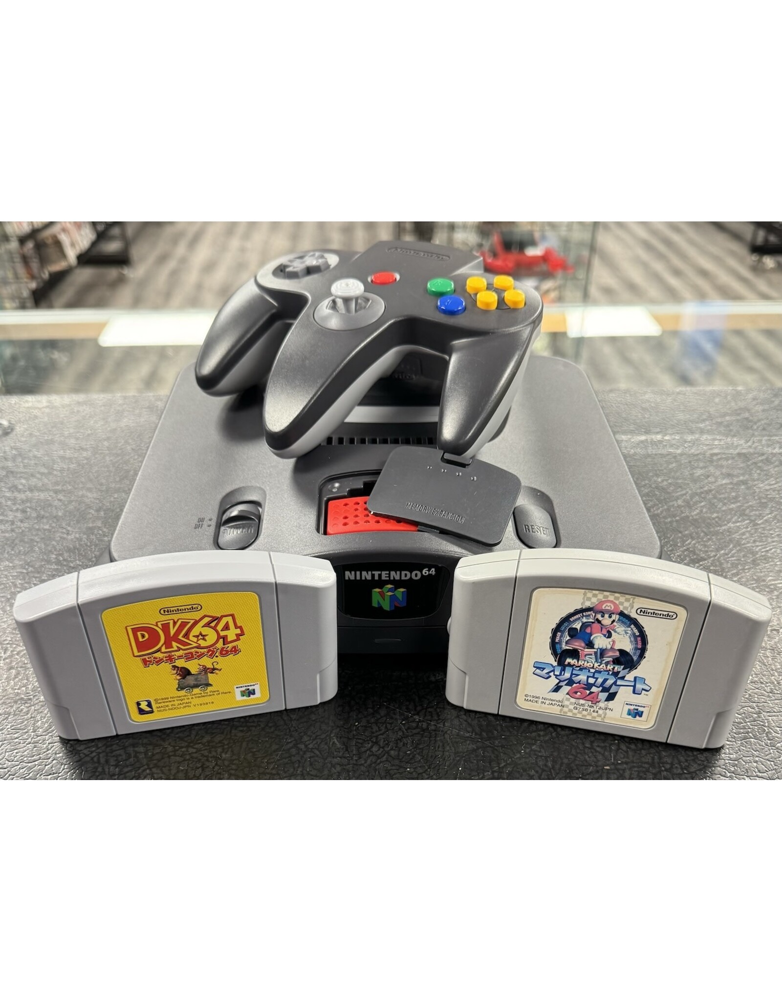 Nintendo 64 Nintendo 64 Console - Japanese with Mario Kart 64 Cart/Controller, Donkey Kong 64, and Expansion Pak (Used, MK64 has Damaged Front and Back Labels, JP Import)