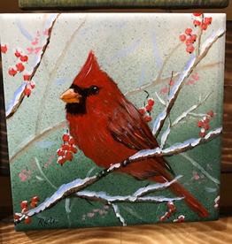 Ron Wetzel Art Handpainted Tile - Cardinal in Winter II