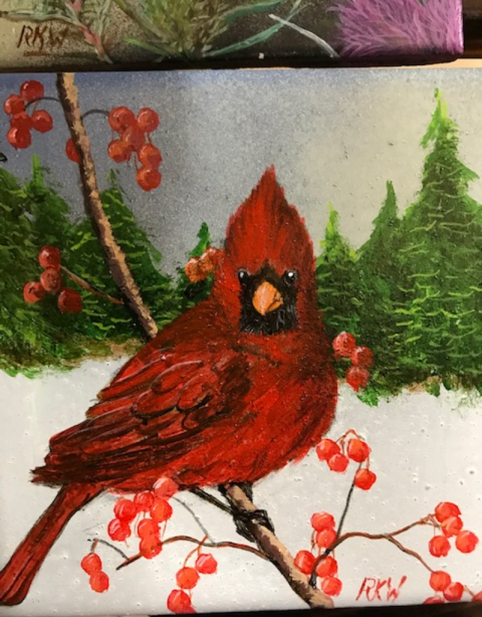 Ron Wetzel Art Handpainted Tile - Winter Cardinal IV