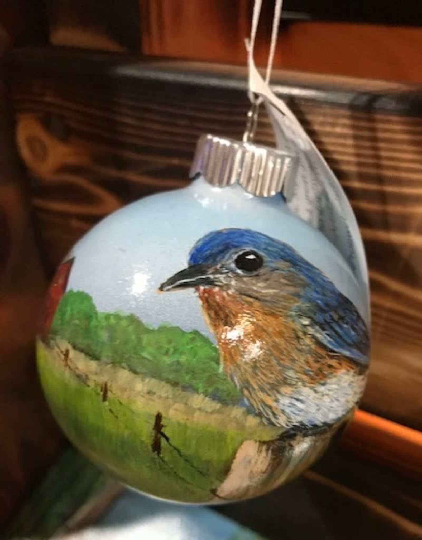 Hand-Painted Ornament - Bluebird in Summer on Farm