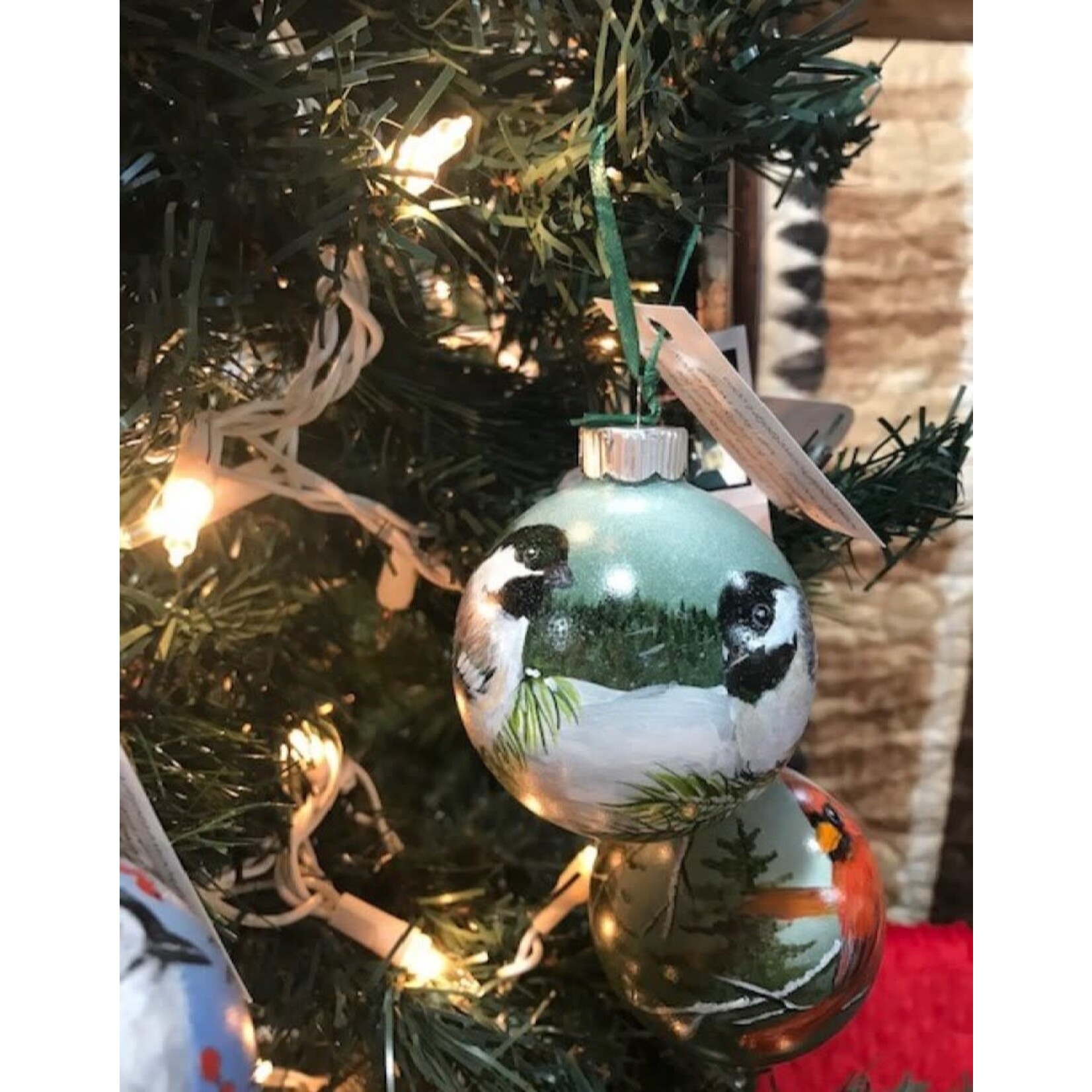 Hand-Painted Ornament - Chickadee Duo in Winter on Pine Tree