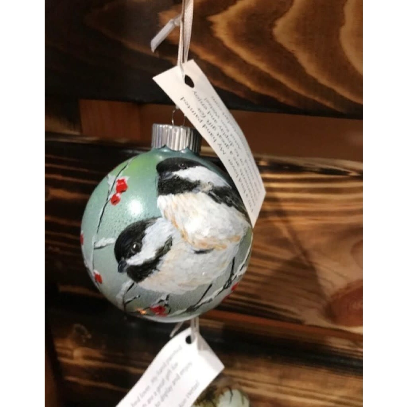 Hand-Painted Ornament - Chickadee Duo in Winter on Tree with Berries