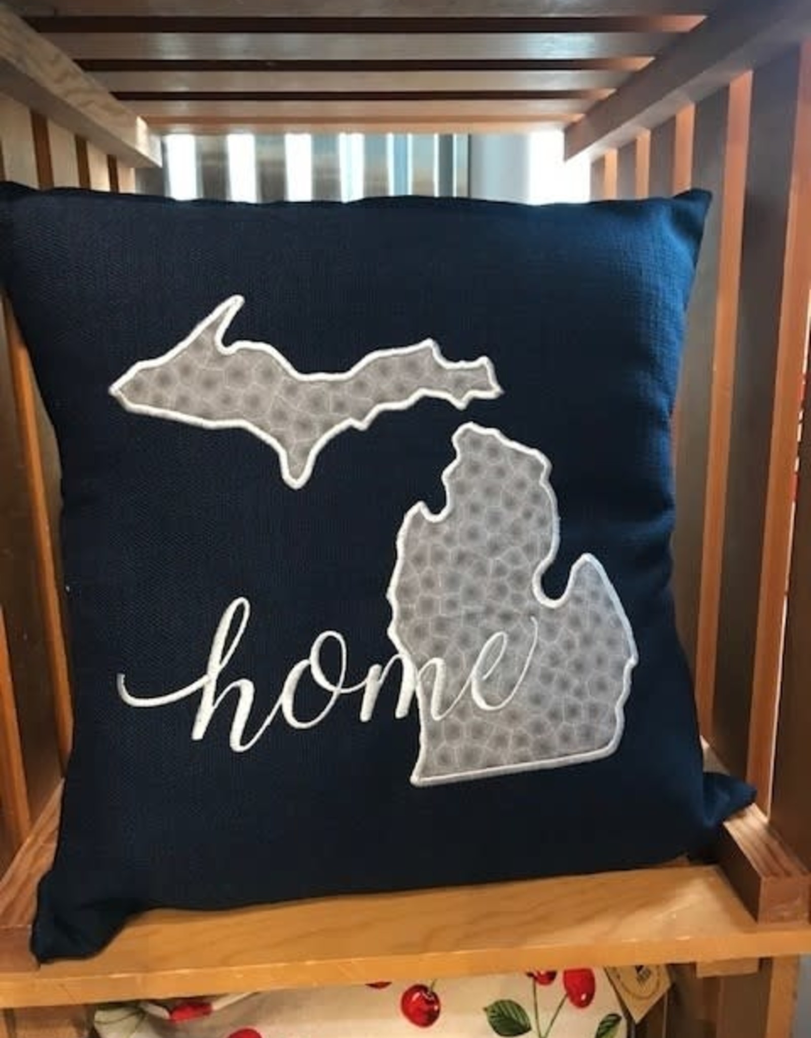 Embroidered Pillow - MI Home Navy & Petoskey Stone