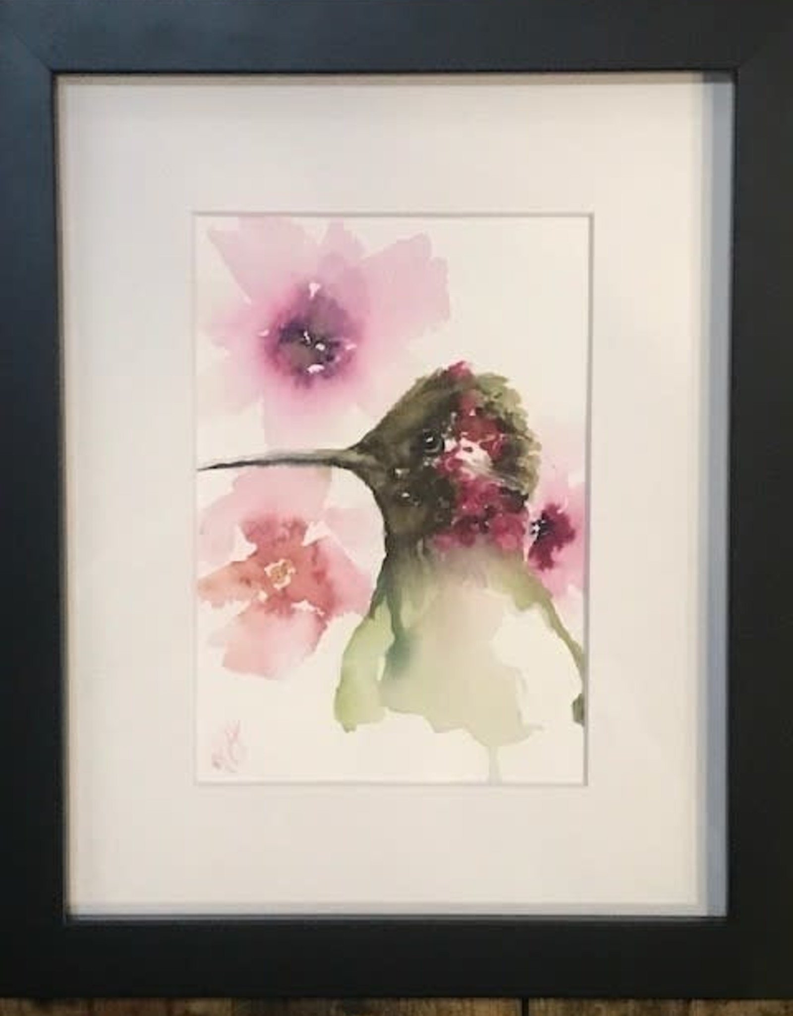"Hummingbird with Flowers" - Michelle Detering Original - Framed Watercolor 11.5x9.5