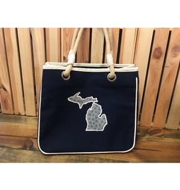 Rope Handle Boat Tote - Navy & Gray Petoskey Stone