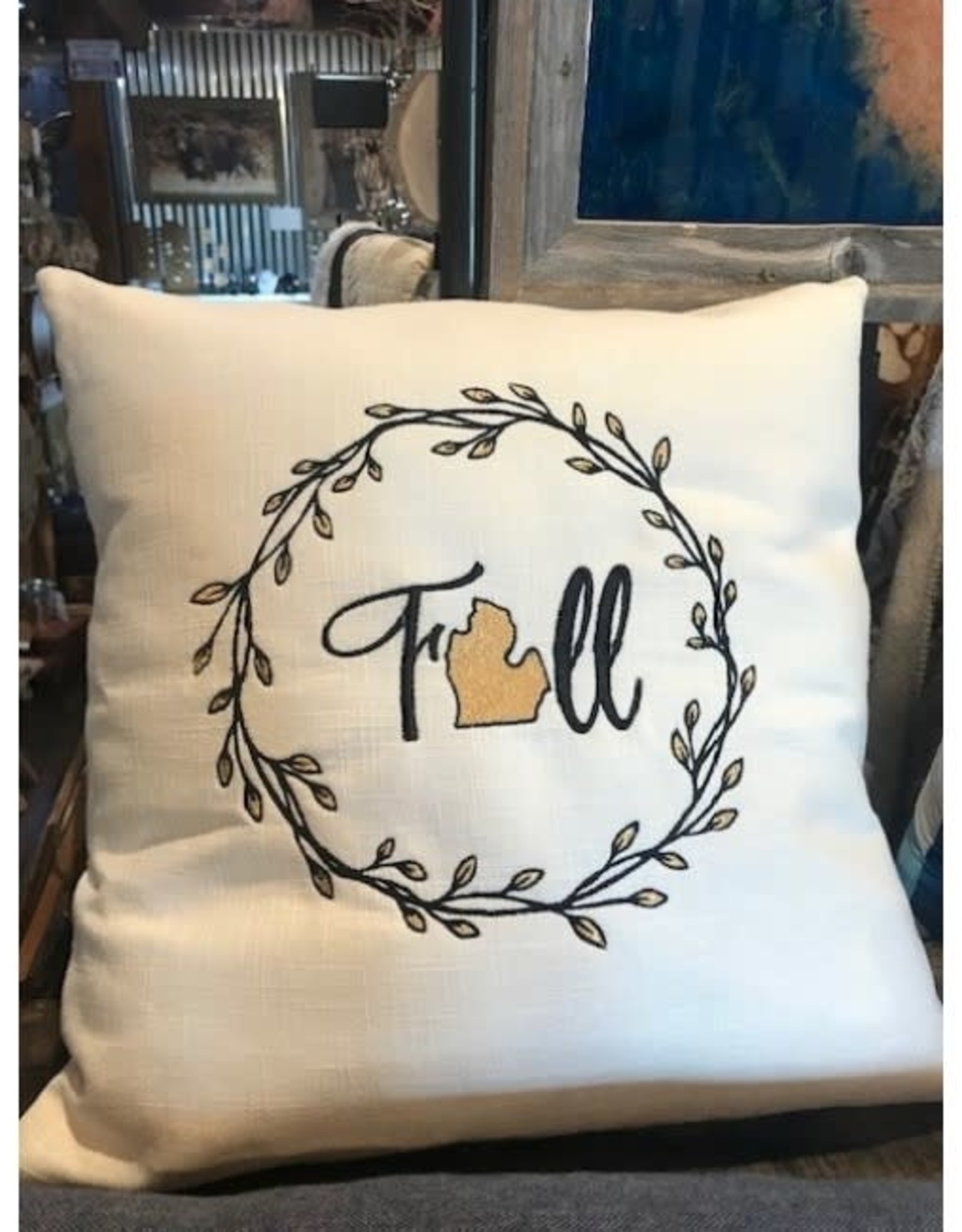 Bear Den Handmade Embroidered Pillow - Fall Michigan Wreath