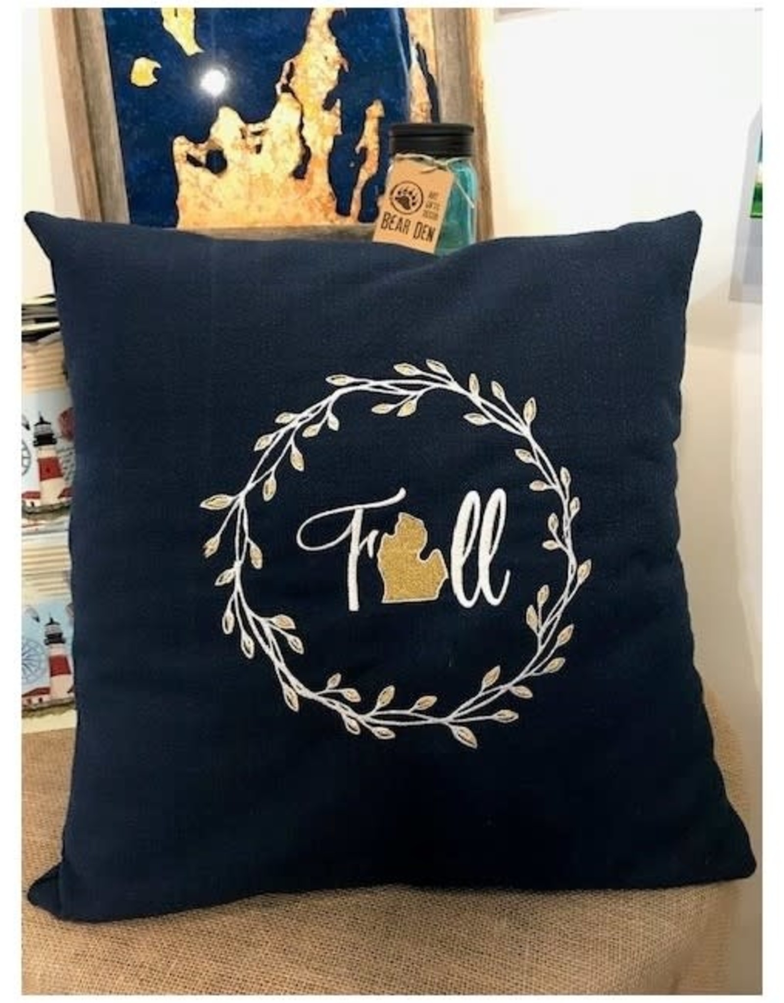 Bear Den Handmade Embroidered Pillow - Navy Fall Michigan Wreath