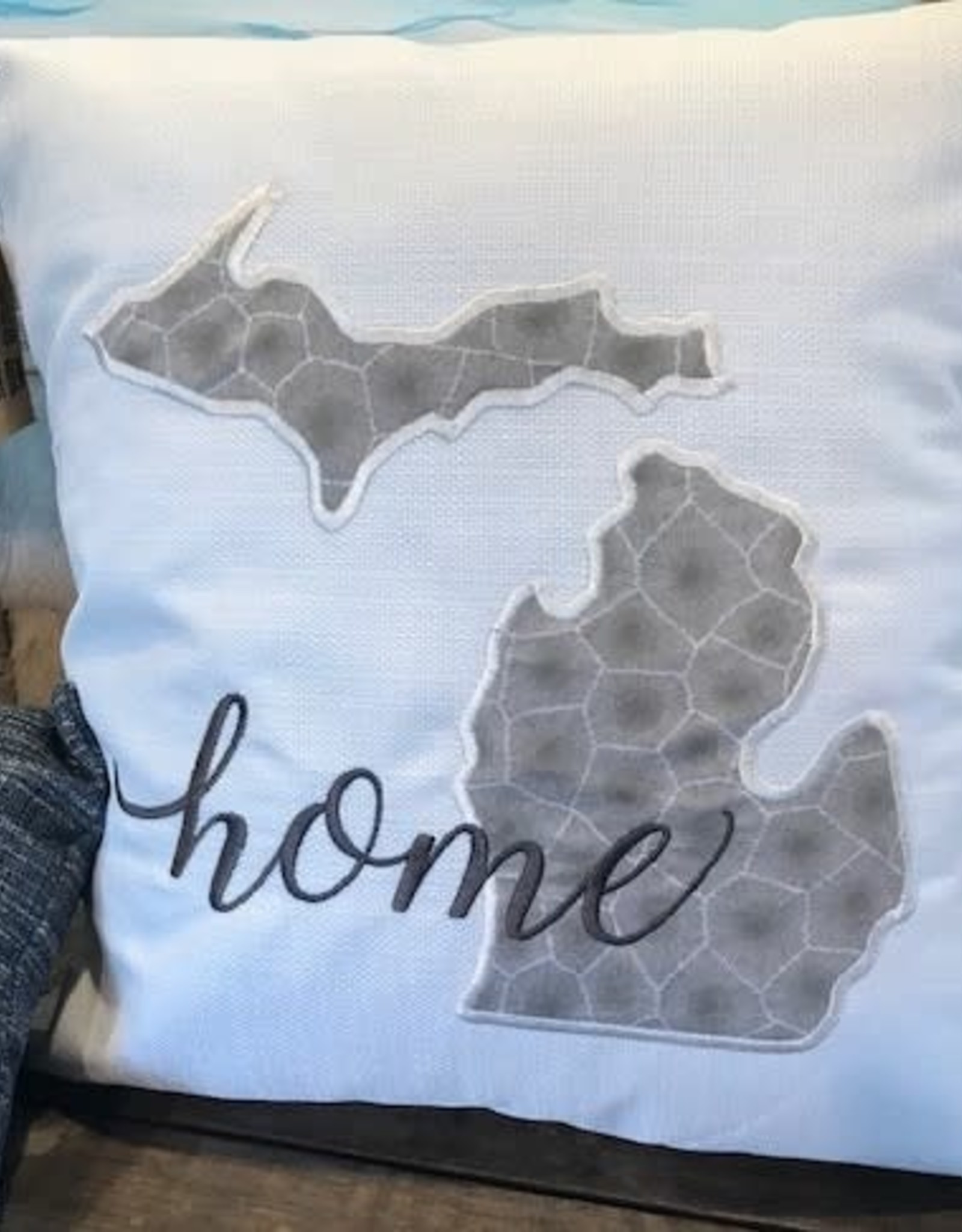 Bear Den Handmade Embroidered Michigan Pillow - White Petoskey Stone Home