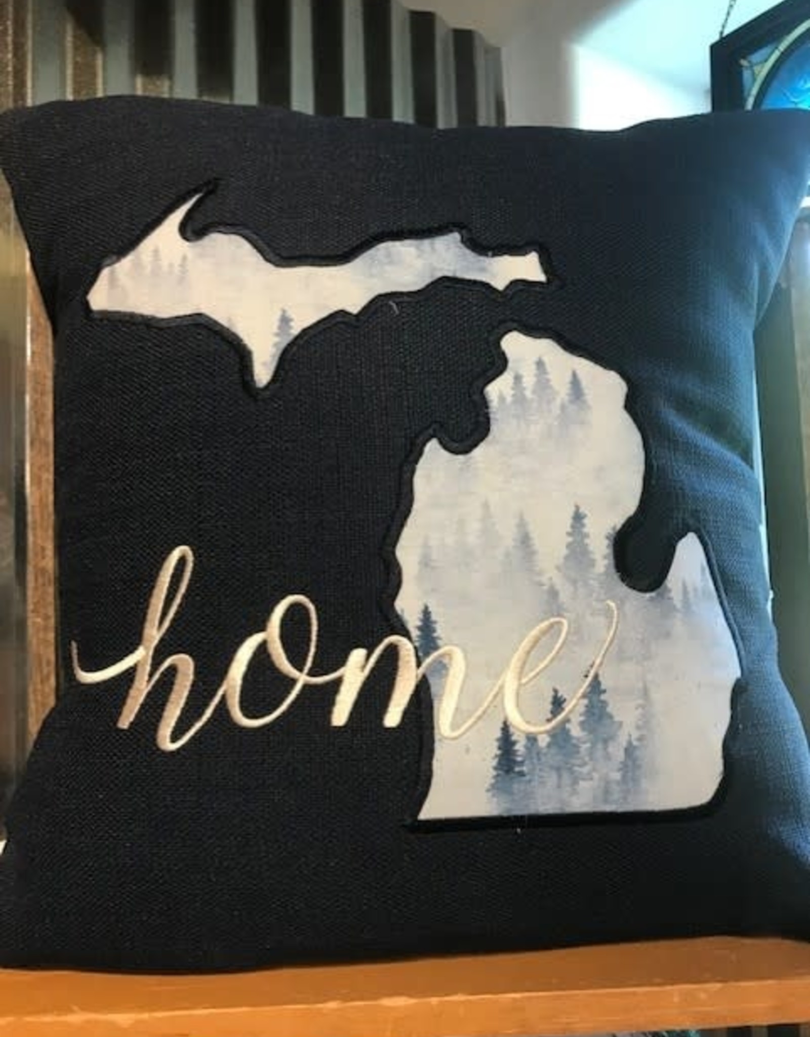 Bear Den Handmade Embroidered Michigan Pillow - Navy Misty Forest