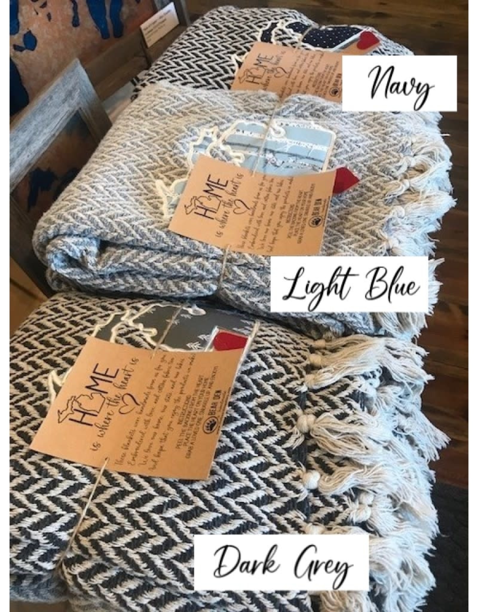 Bear Den Handmade Home is Where the Heart is - Knit Blanket - Light Blue/Birch