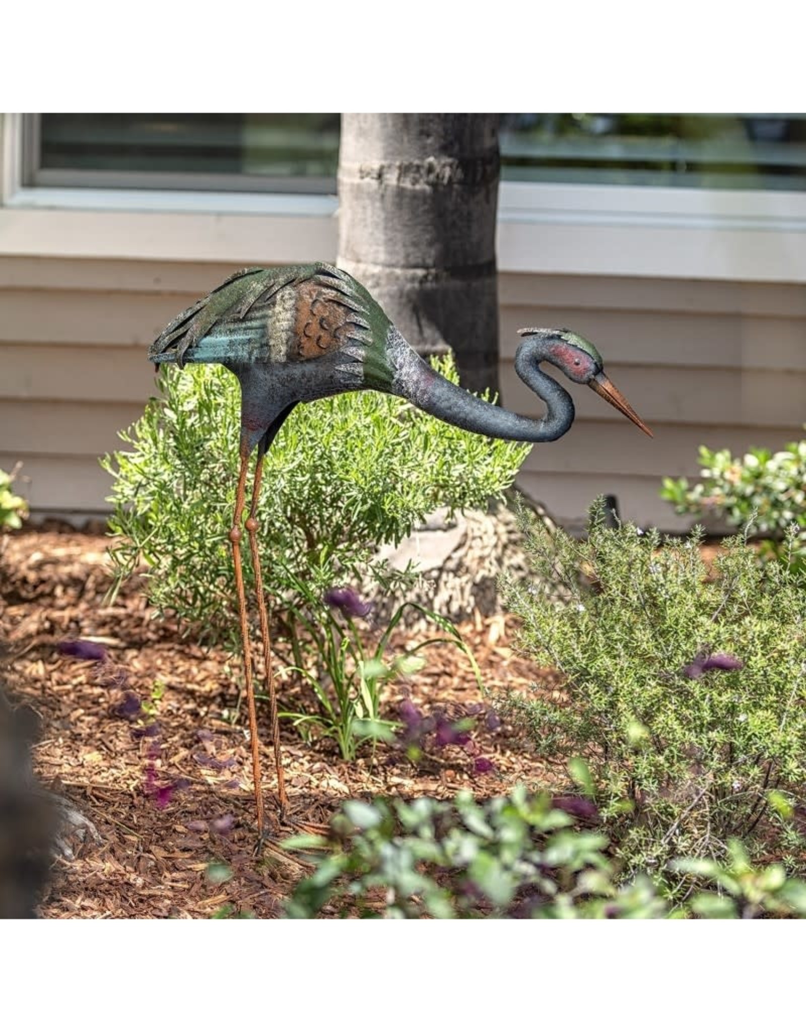 Metal Statue - Colorful Rustic Crane Head Down