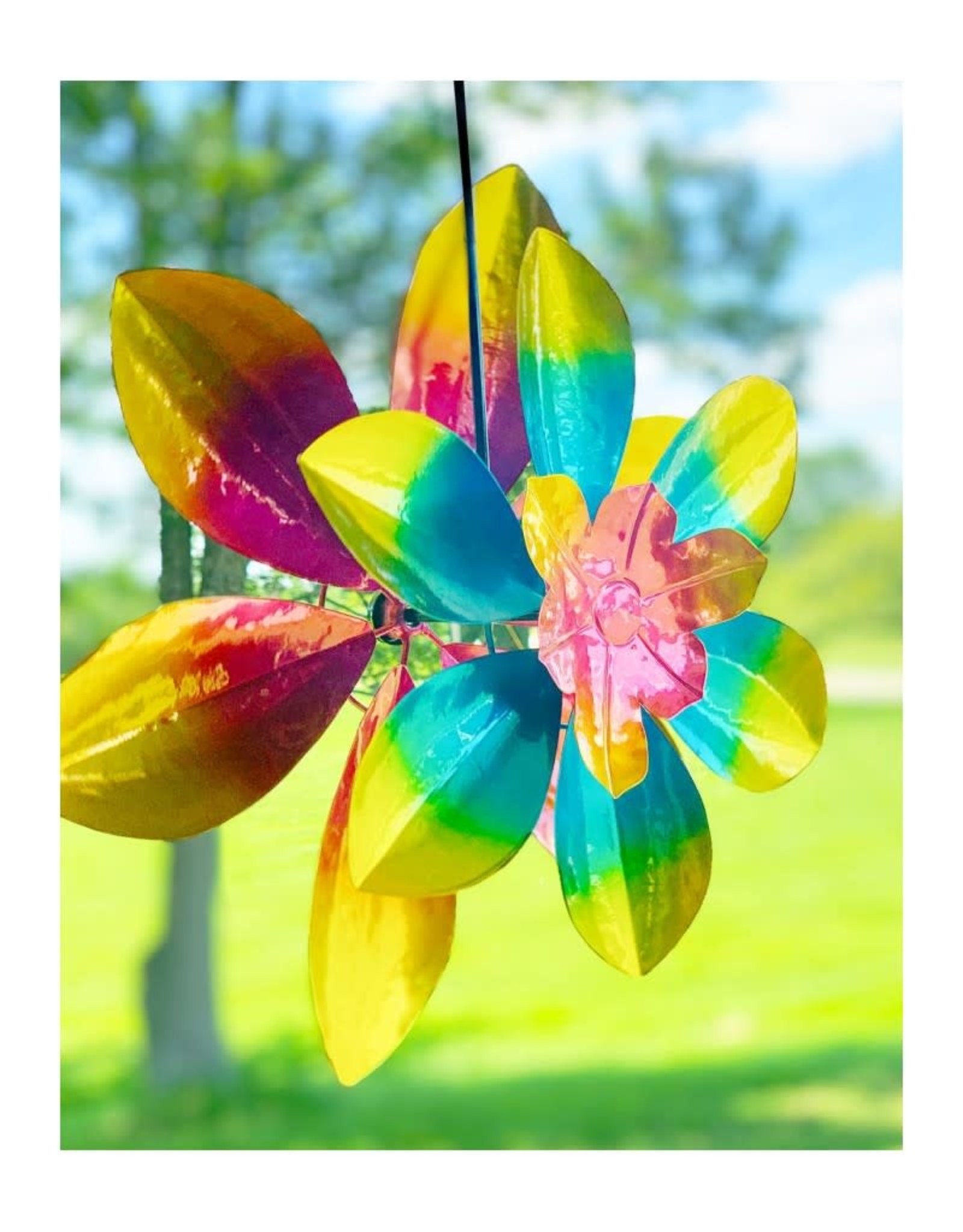 Wind Spinner Stake/Hanging Spinner - Double Flower Pink/Blue/Yellow