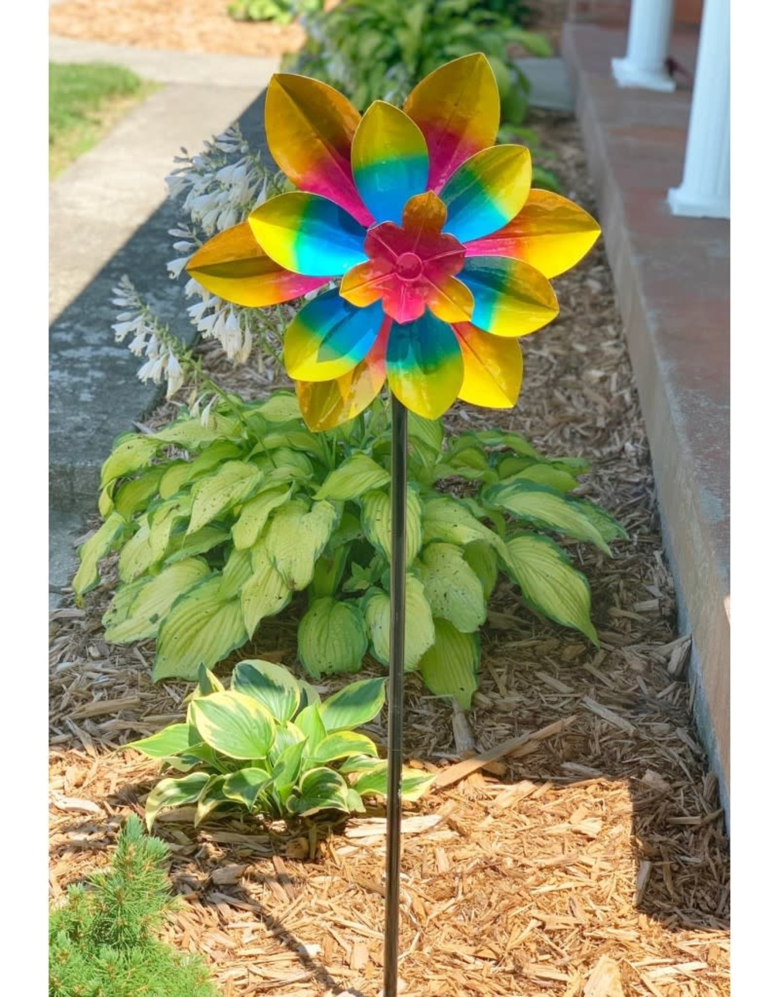 Wind Spinner Stake/Hanging Spinner - Double Flower Pink/Blue/Yellow