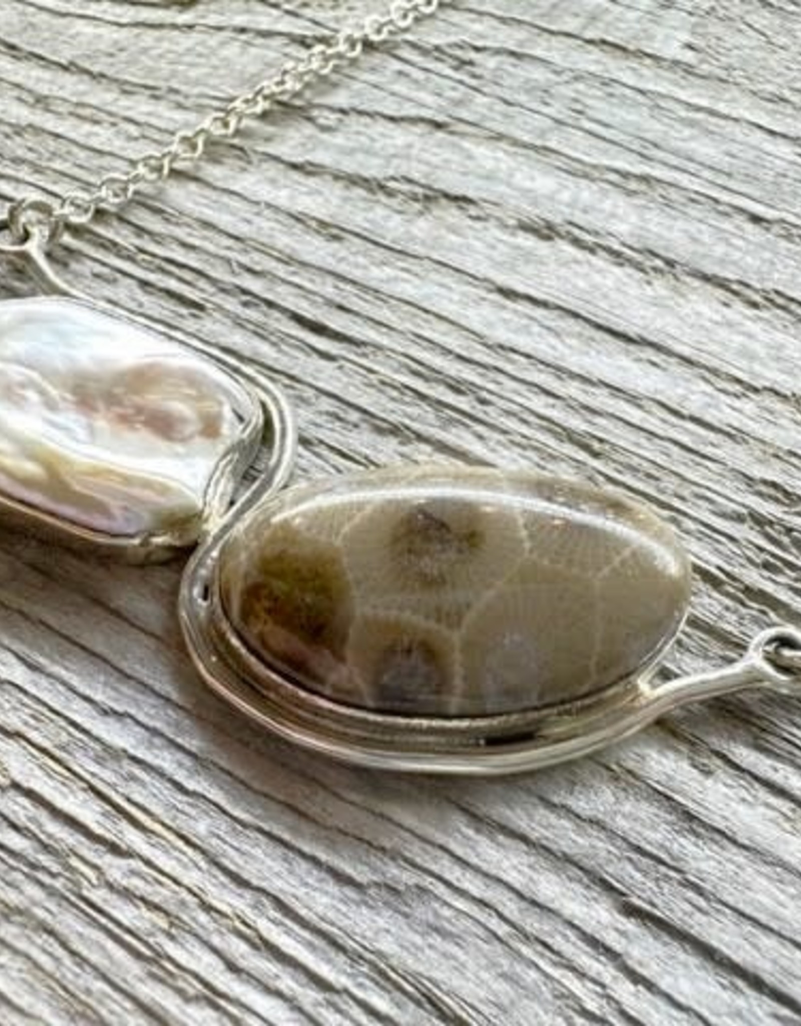 Wave Necklace - Petoskey Stone & Freshwater Pearl 18''