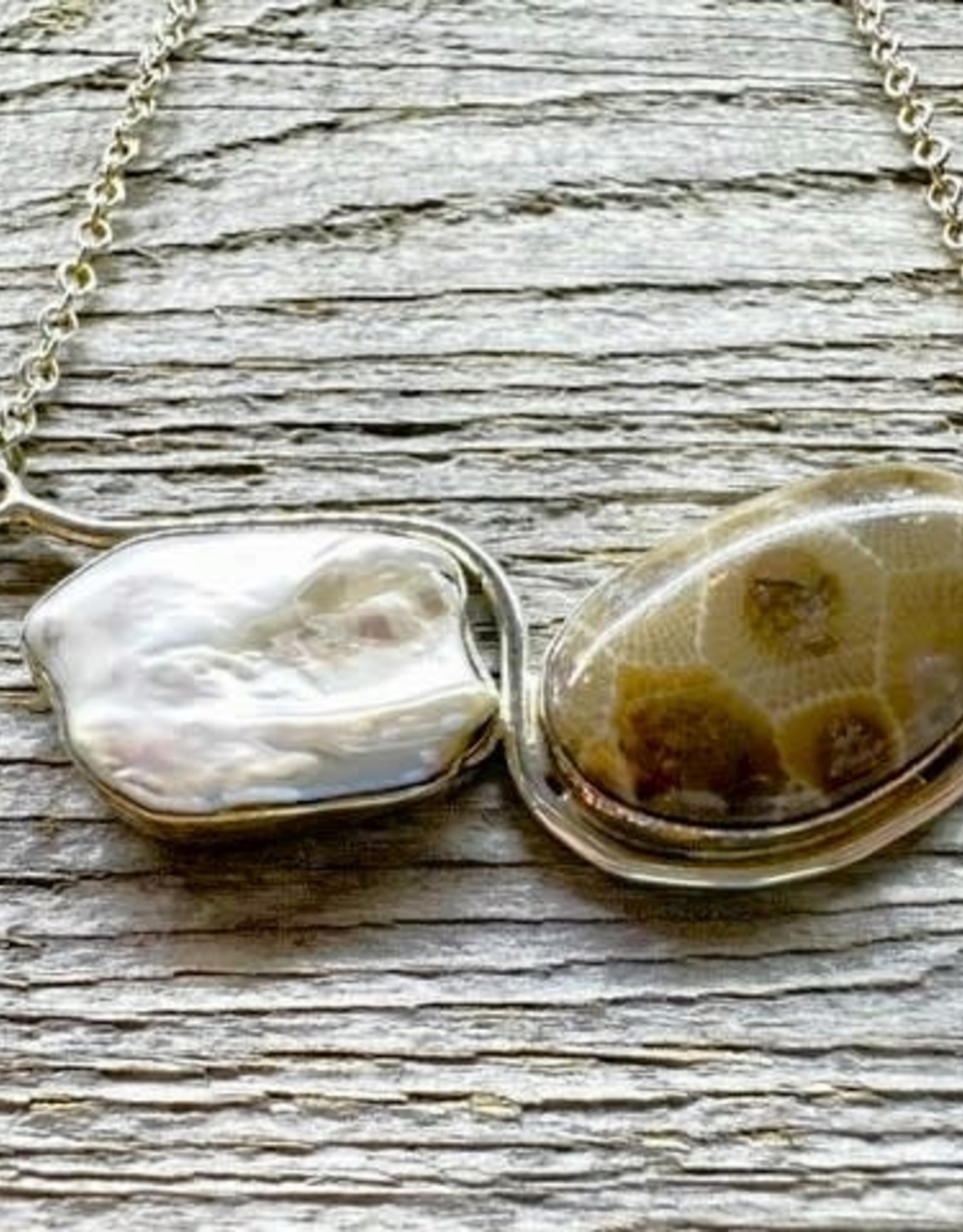 Wave Necklace - Petoskey Stone & Freshwater Pearl 18''