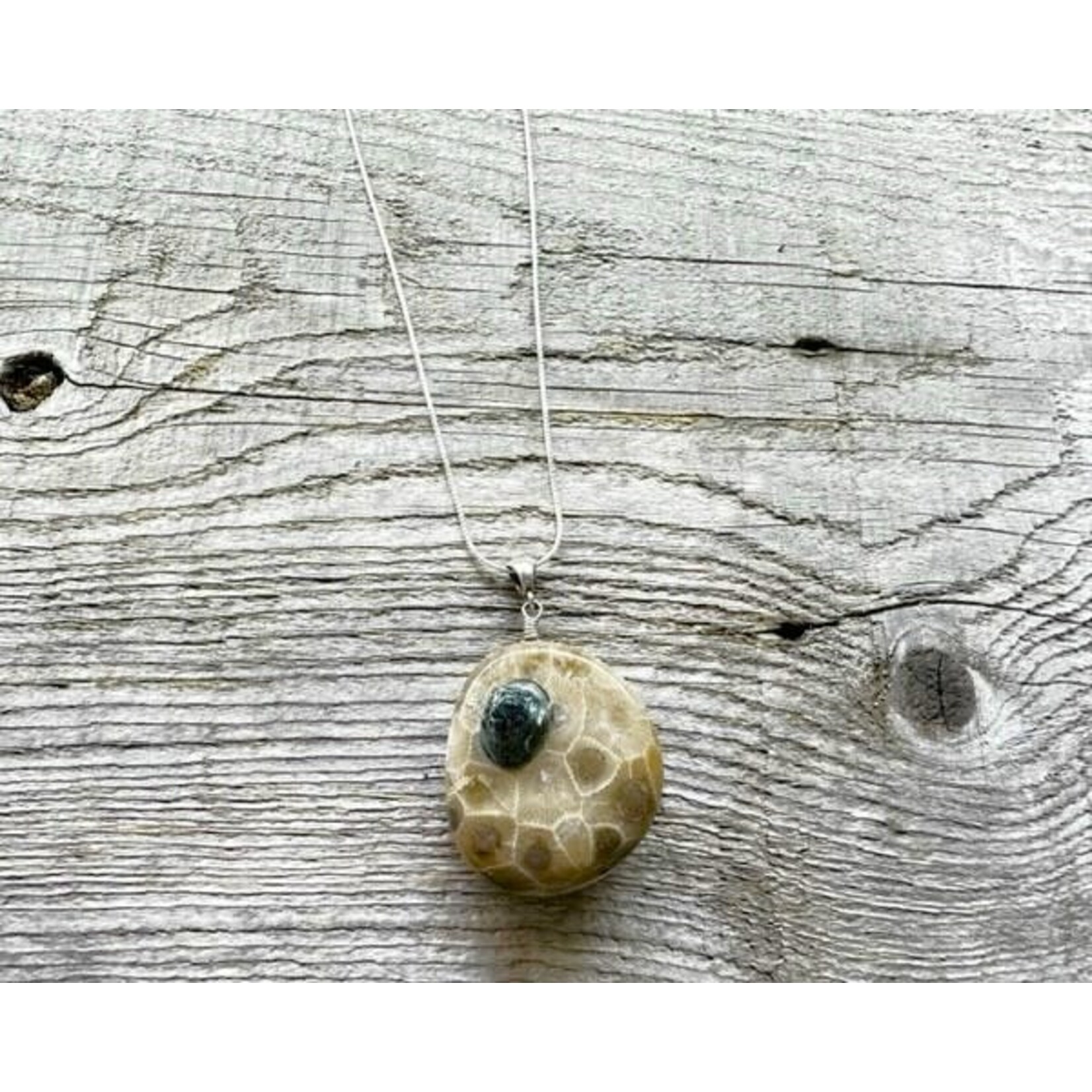 Necklace Pendant - Petoskey Stone w/Isle Royal Greenstone Accent