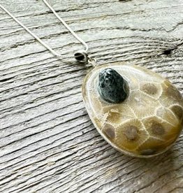 Necklace Pendant - Petoskey Stone w/Isle Royal Greenstone Accent