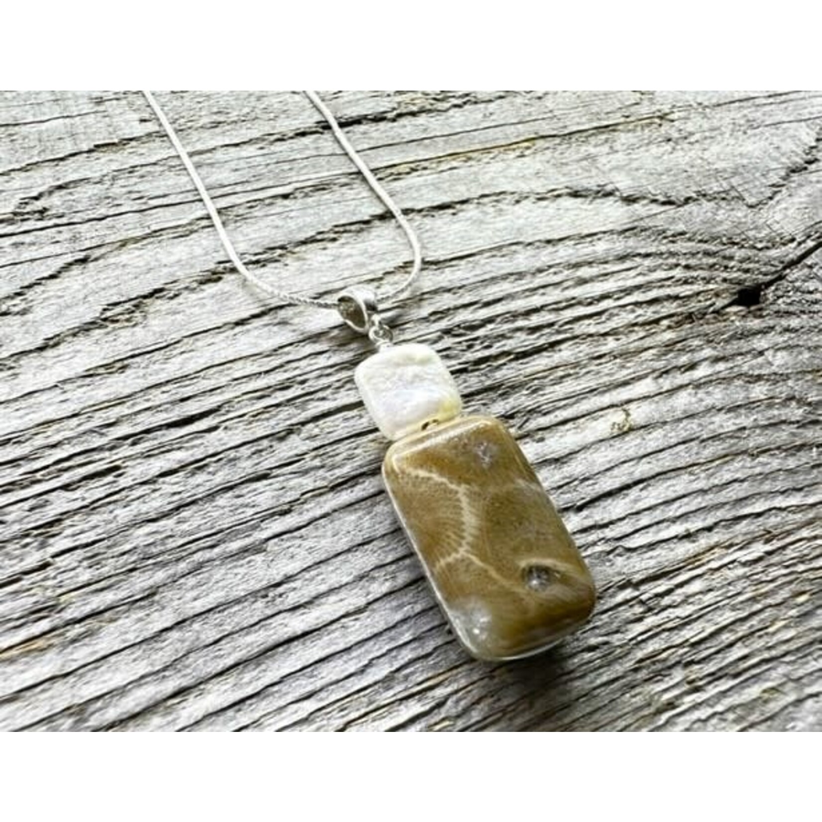Necklace Pendant - Petoskey Stone & Freshwater Pearl