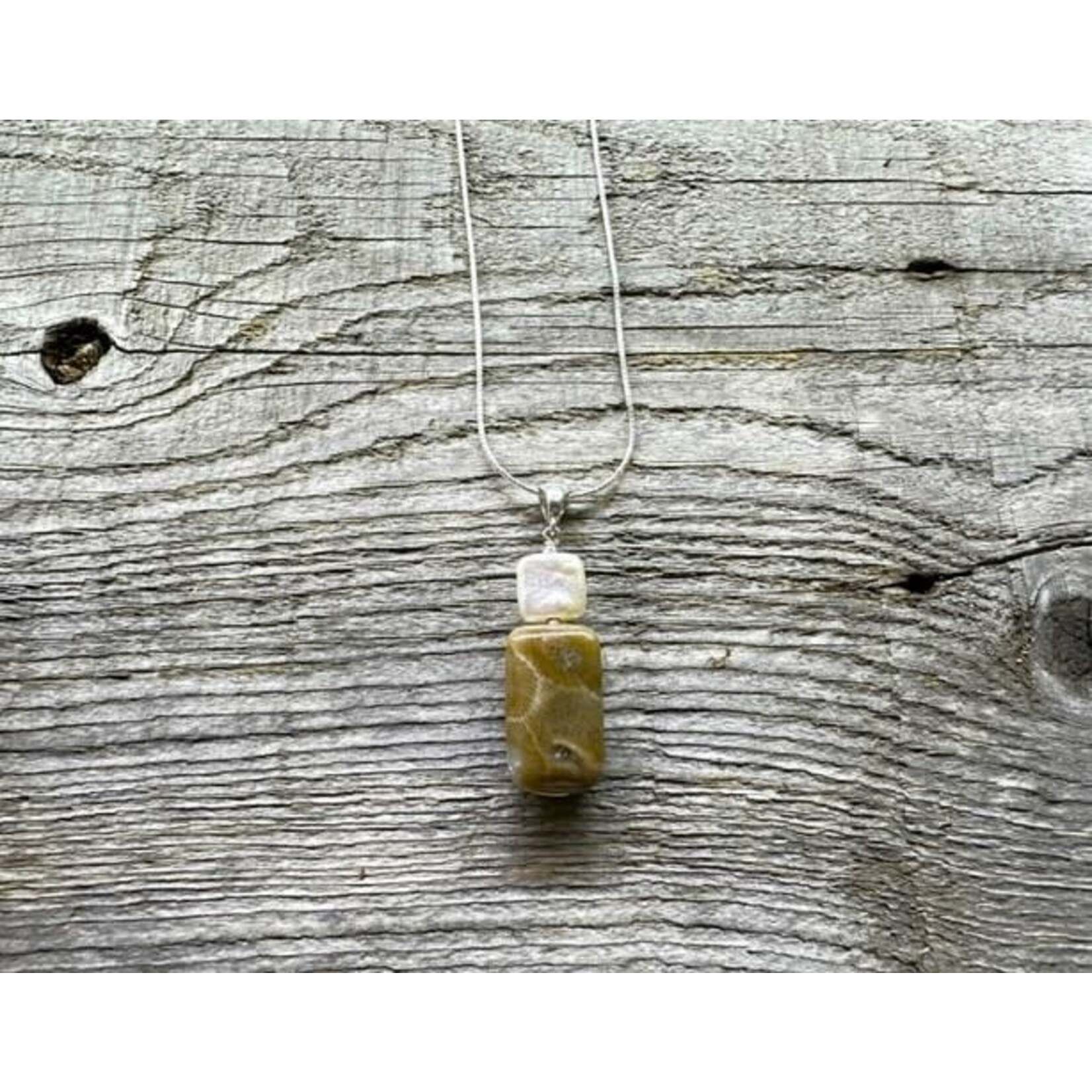 Necklace Pendant - Petoskey Stone & Freshwater Pearl