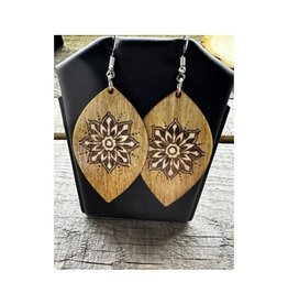 Wooden Earrings - Flower on Leaf