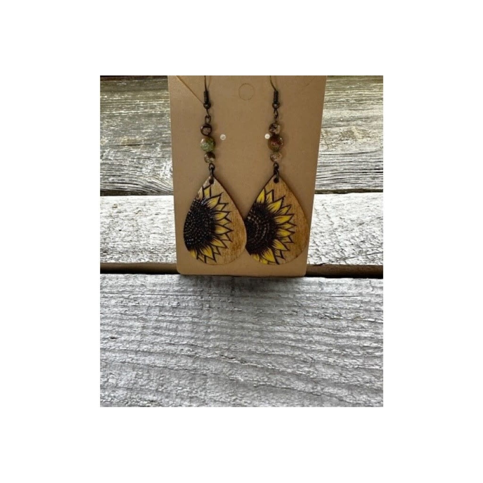 Wooden Earrings - Sunflower w/Green Bead