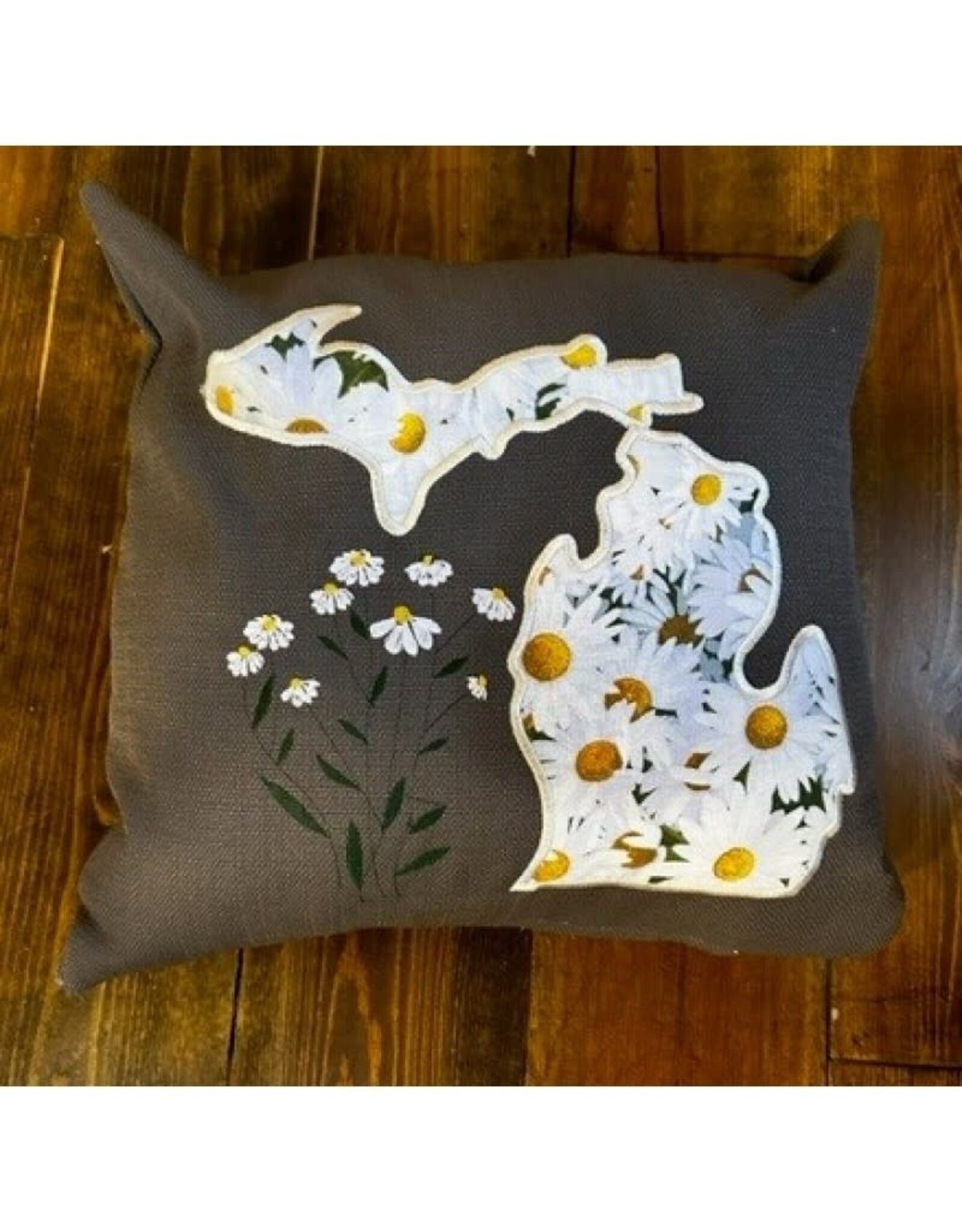 Embroidered Square Pillow - Charcoal/Daisy