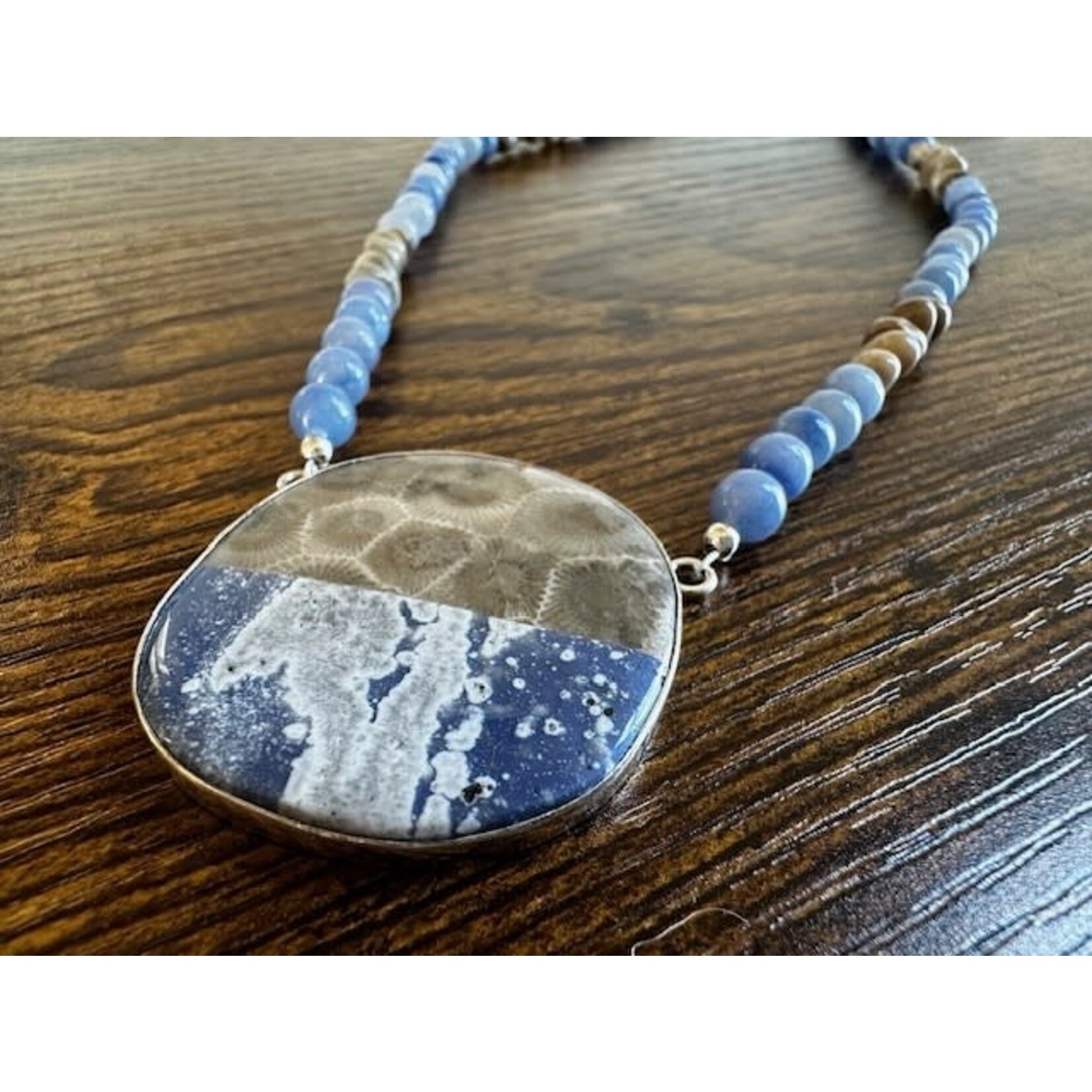 Beaded Necklace - Michigan Stone Duo- Leland Blue & Petoskey Stone with Blue Adventurine & Petoskey Beads 23''