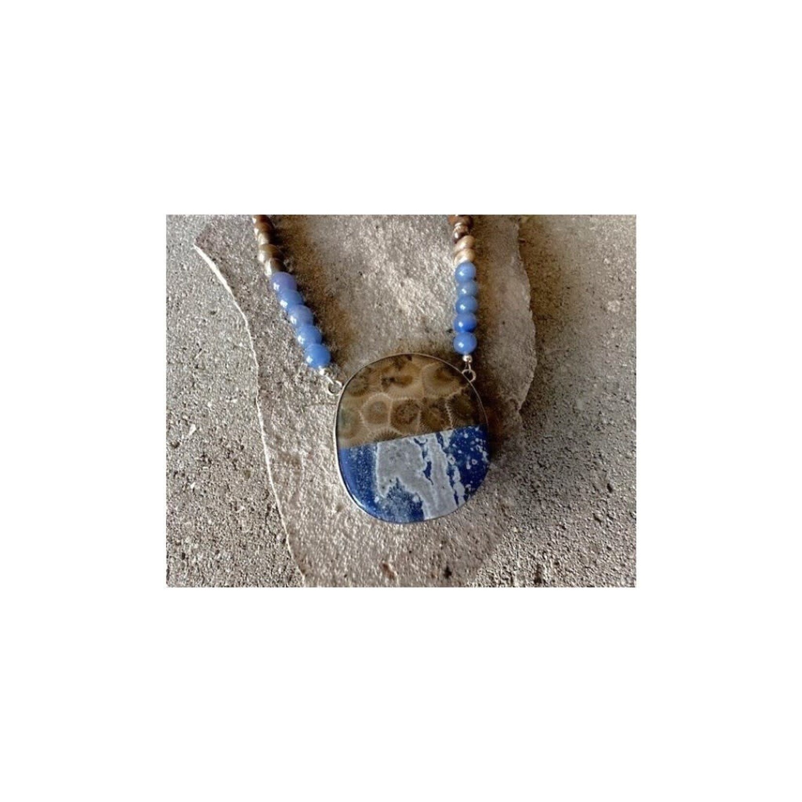 Beaded Necklace - Michigan Stone Duo- Leland Blue & Petoskey Stone with Blue Adventurine & Petoskey Beads 23''