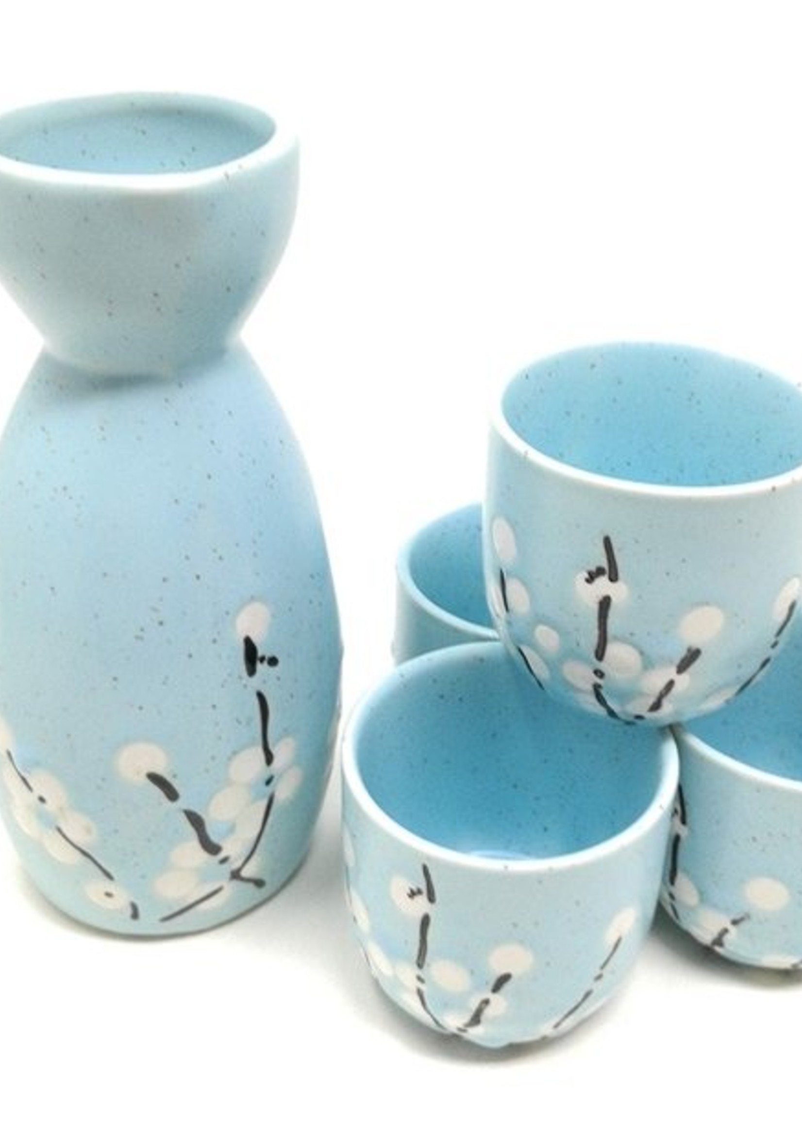 Sake Pot Set - Blue with White Blossoms 5 Piece set