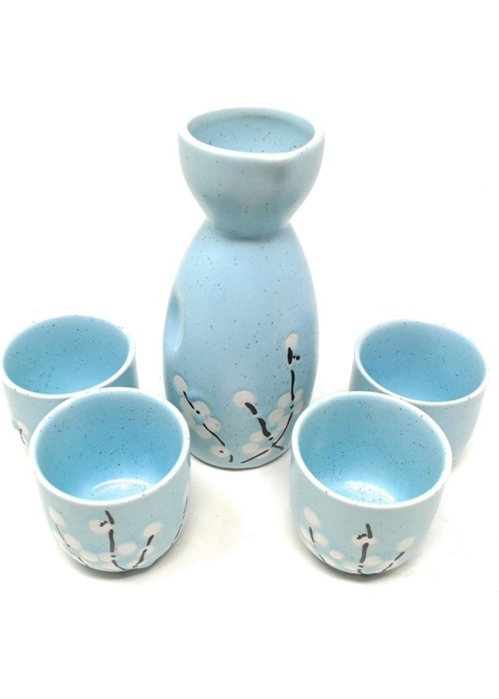 Sake Pot Set - Blue with White Blossoms 5 Piece set