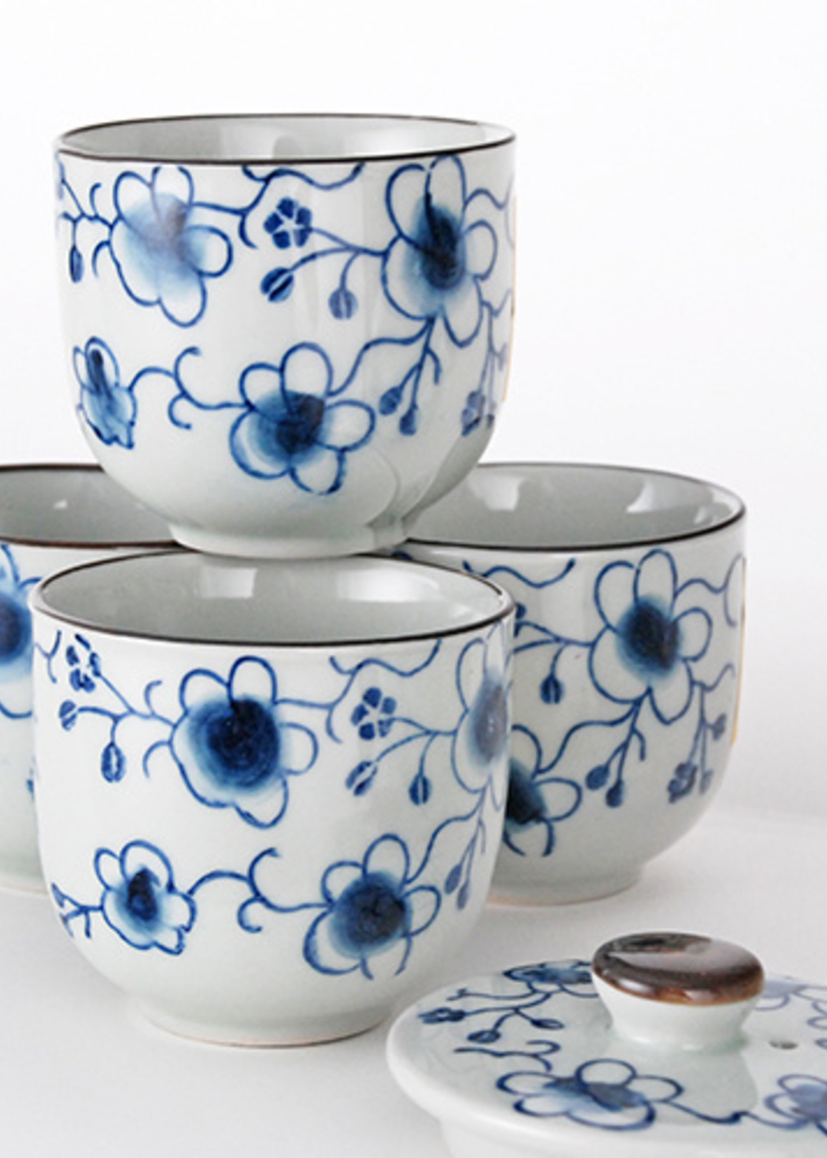Blue Flowers Tea Set w/ Strainer & Wooden Handle