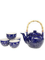 Blue Dragonfly Spiral Tea Set w/ Strainer & Wooden Handle
