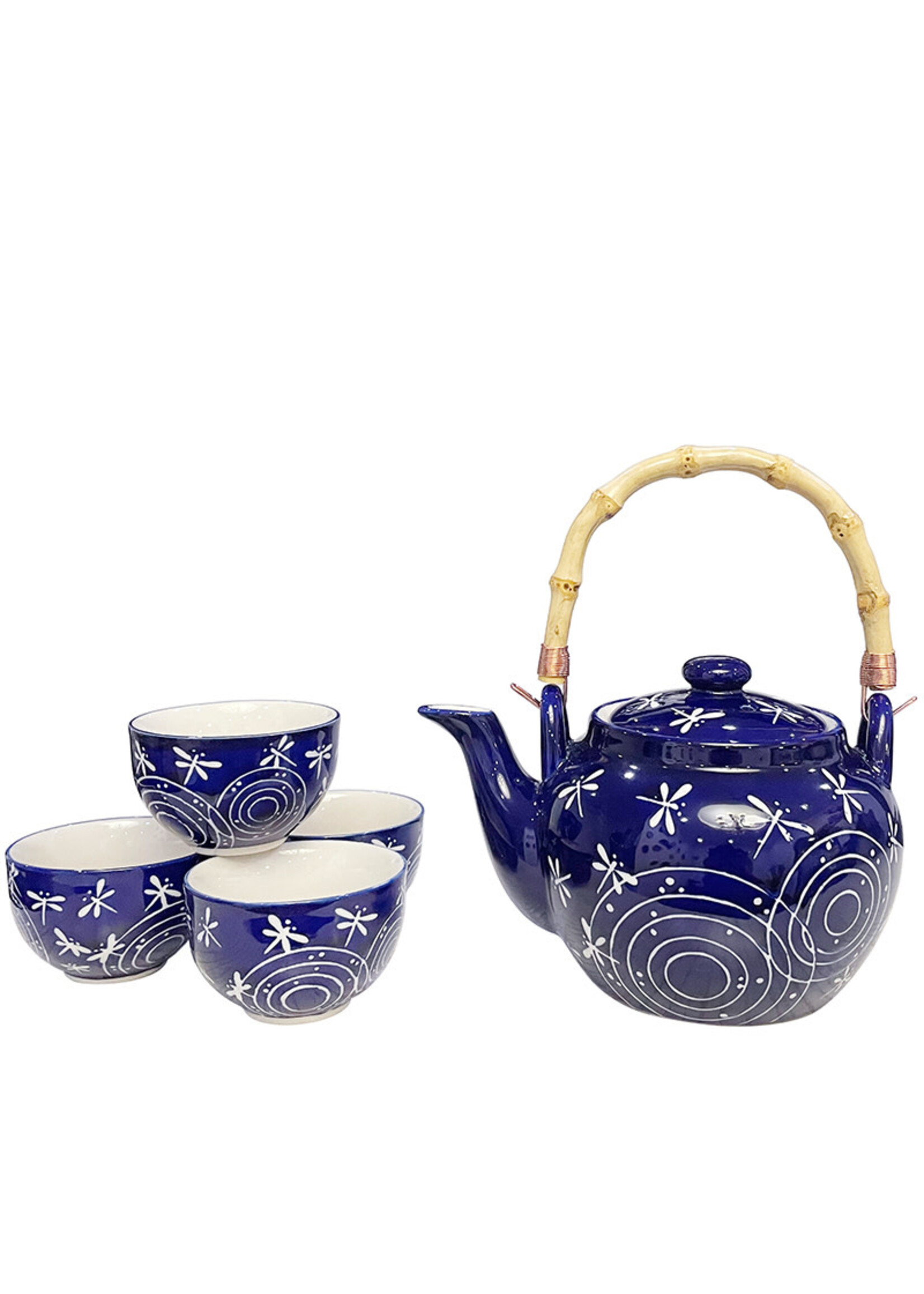 Blue Dragonfly Spiral Tea Set w/ Strainer & Wooden Handle