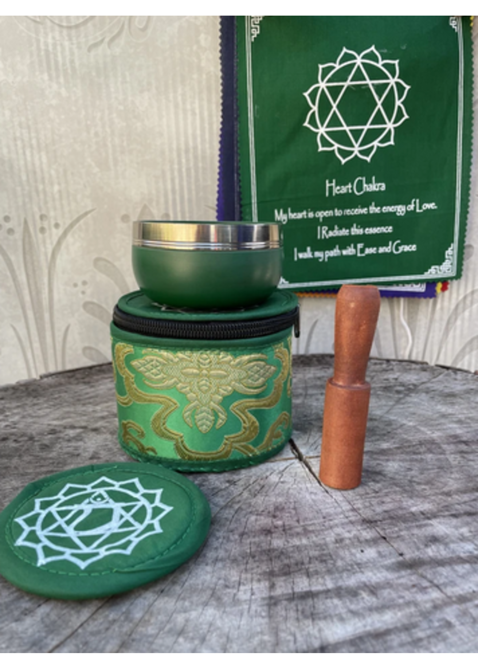 Singing Bowl 3" Bowl Metal Chakra Round Brocade Box – Green