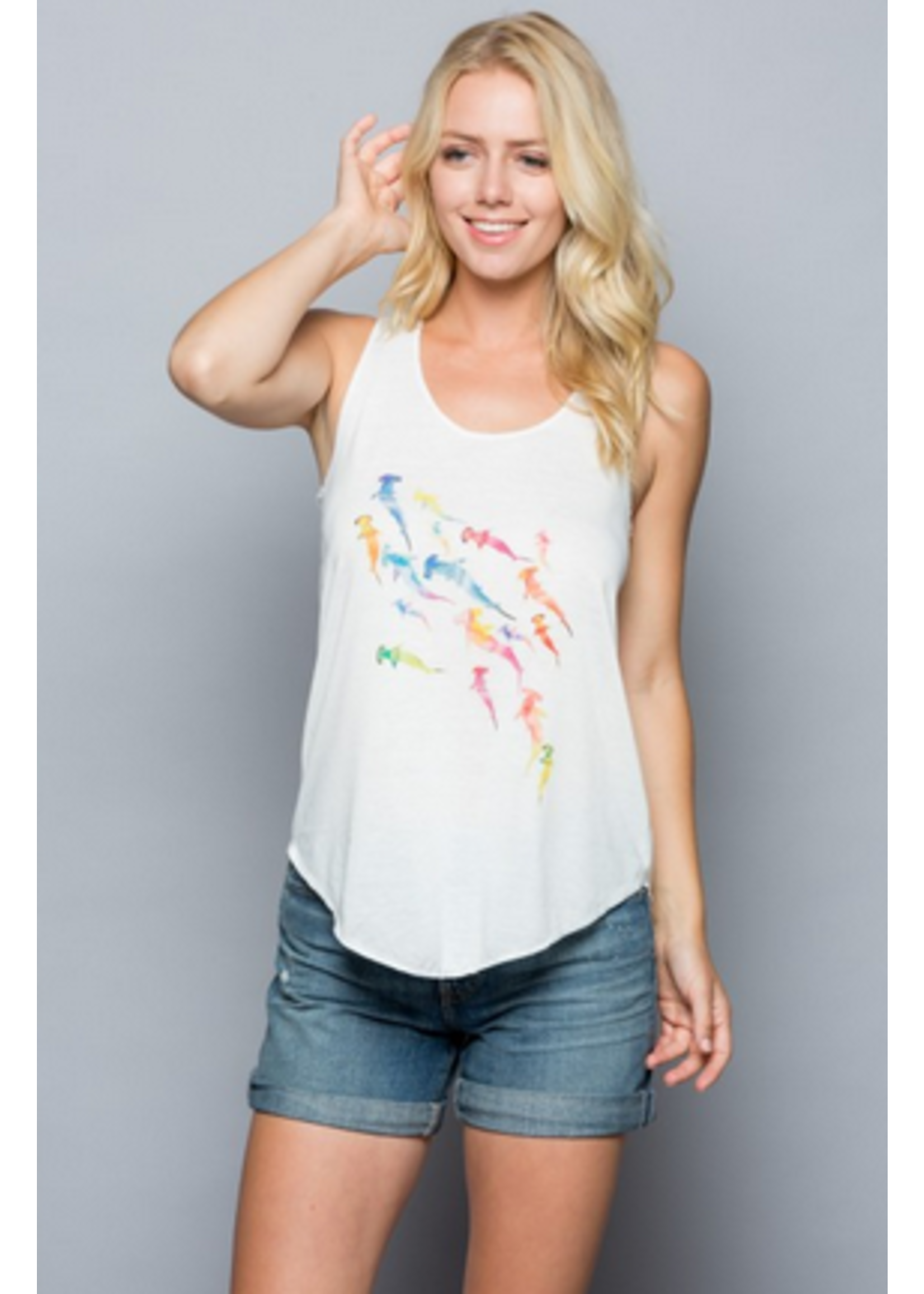 L.A. Soul White Tank Top Colorful Fishes