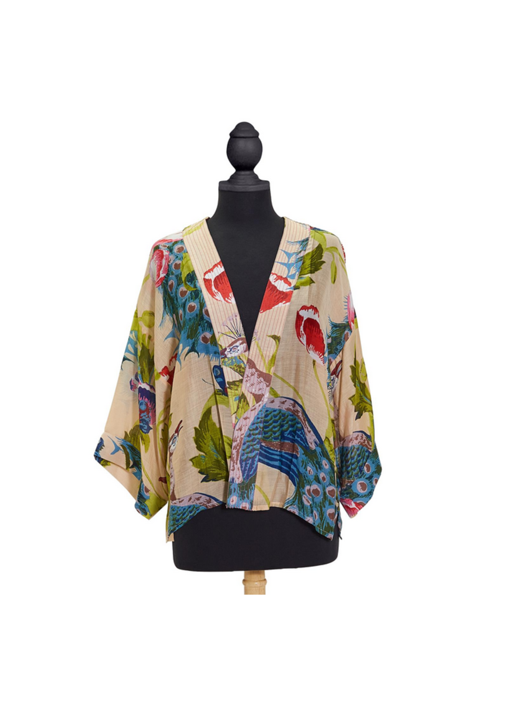 Two's Company Peacocks & Poppies Sand Short Kimono DISCONTINUED