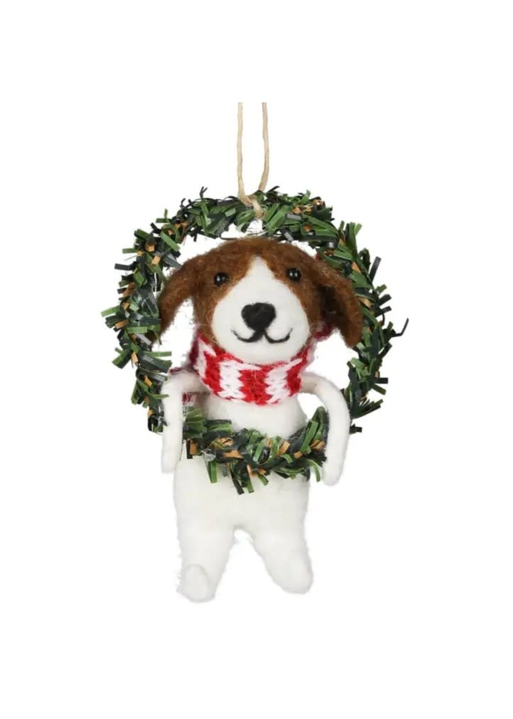 Xmas Ornament Felt Dog In Wreath Ornament