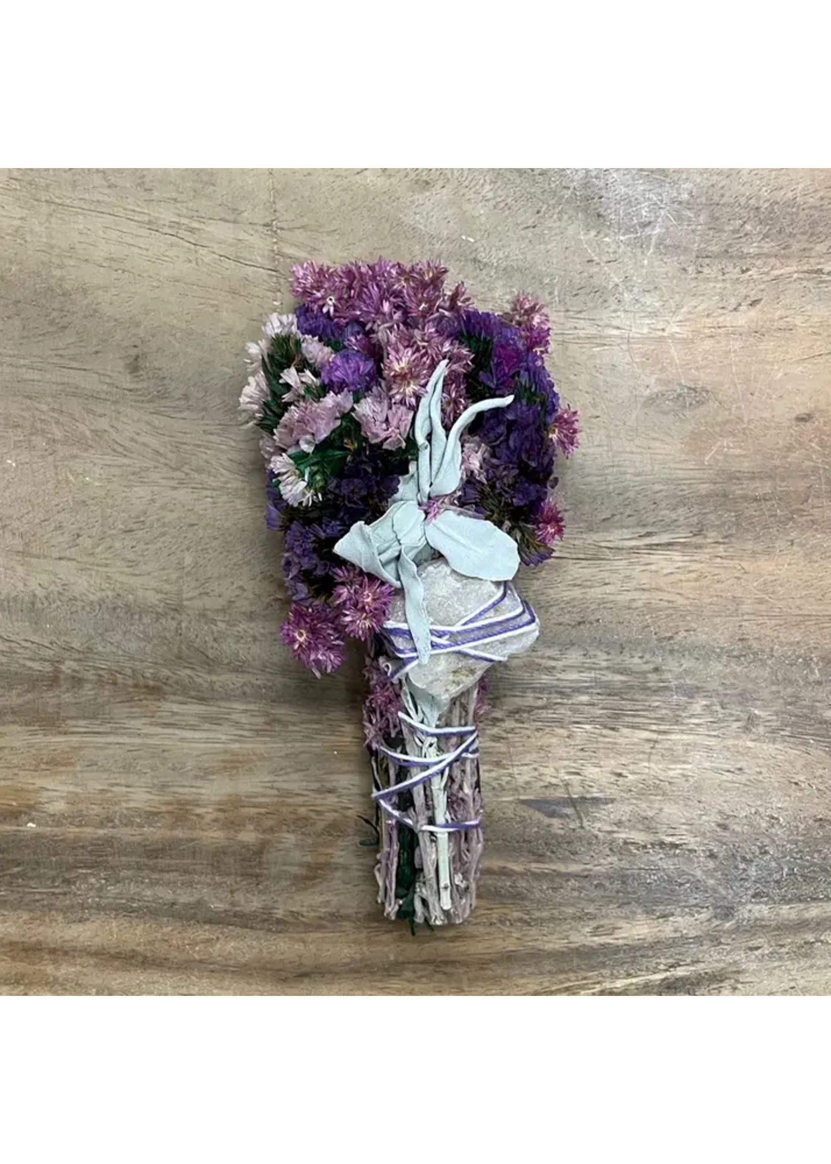 Smudge Wand Floral Pink and Purple with Sage & Quartz Crystal 6"