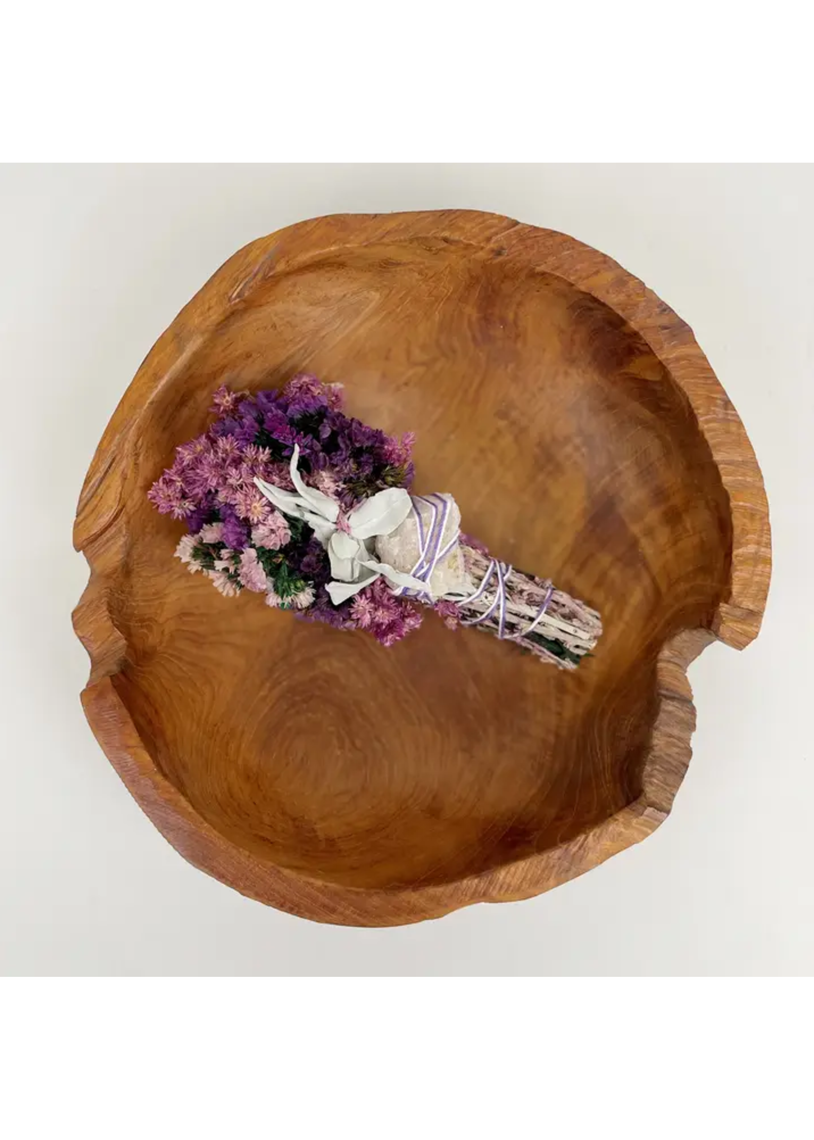 Smudge Wand Floral Pink and Purple with Sage & Quartz Crystal 6"