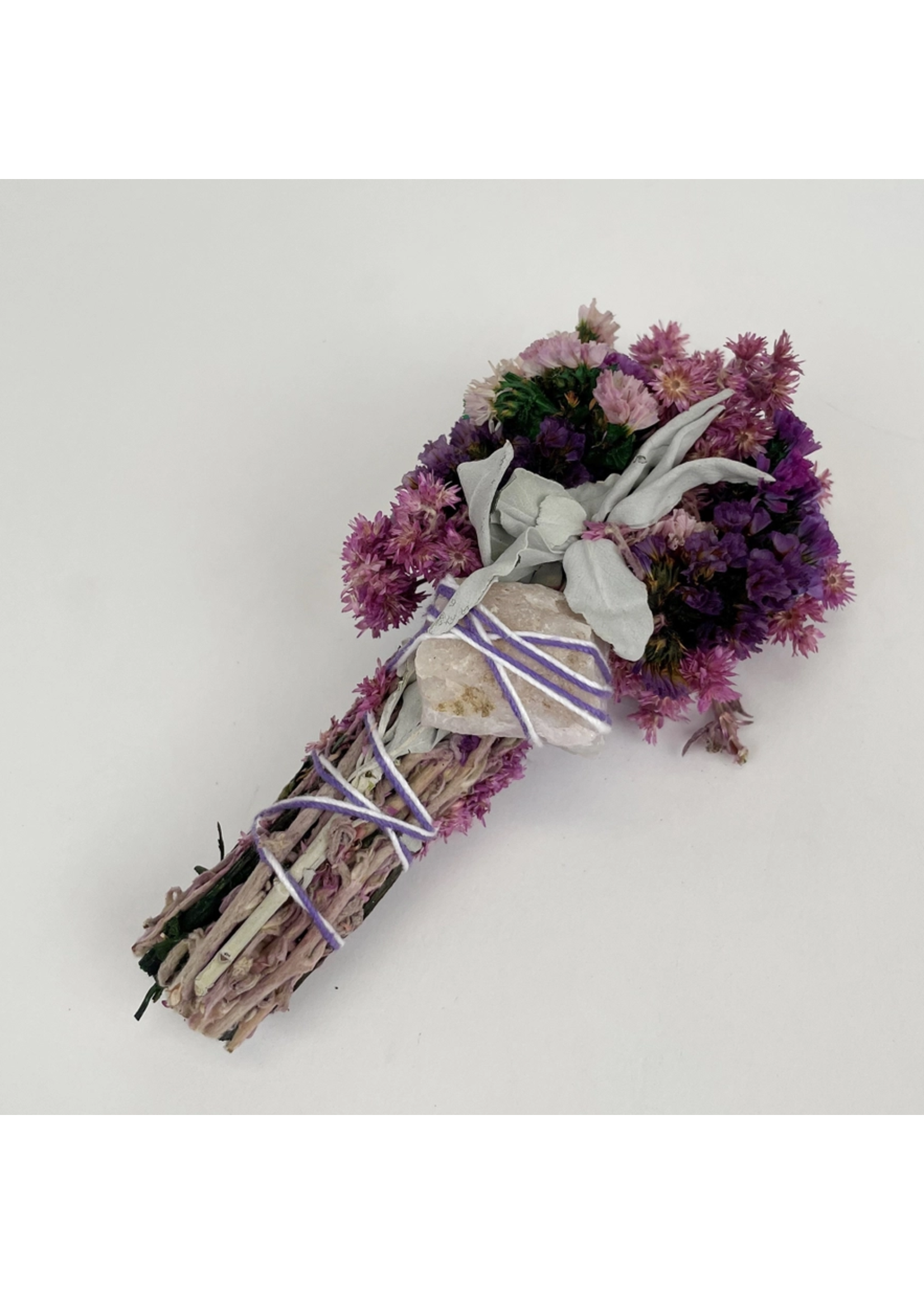 Smudge Wand Floral Pink and Purple with Sage & Quartz Crystal 6"