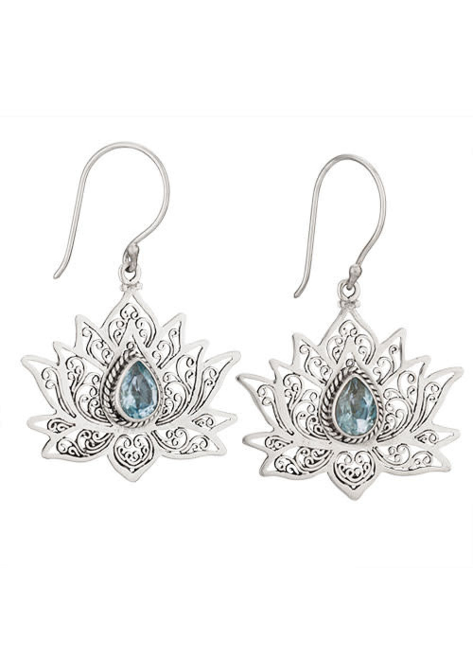 Earrings Lotus Filigree w/Blue Topaz