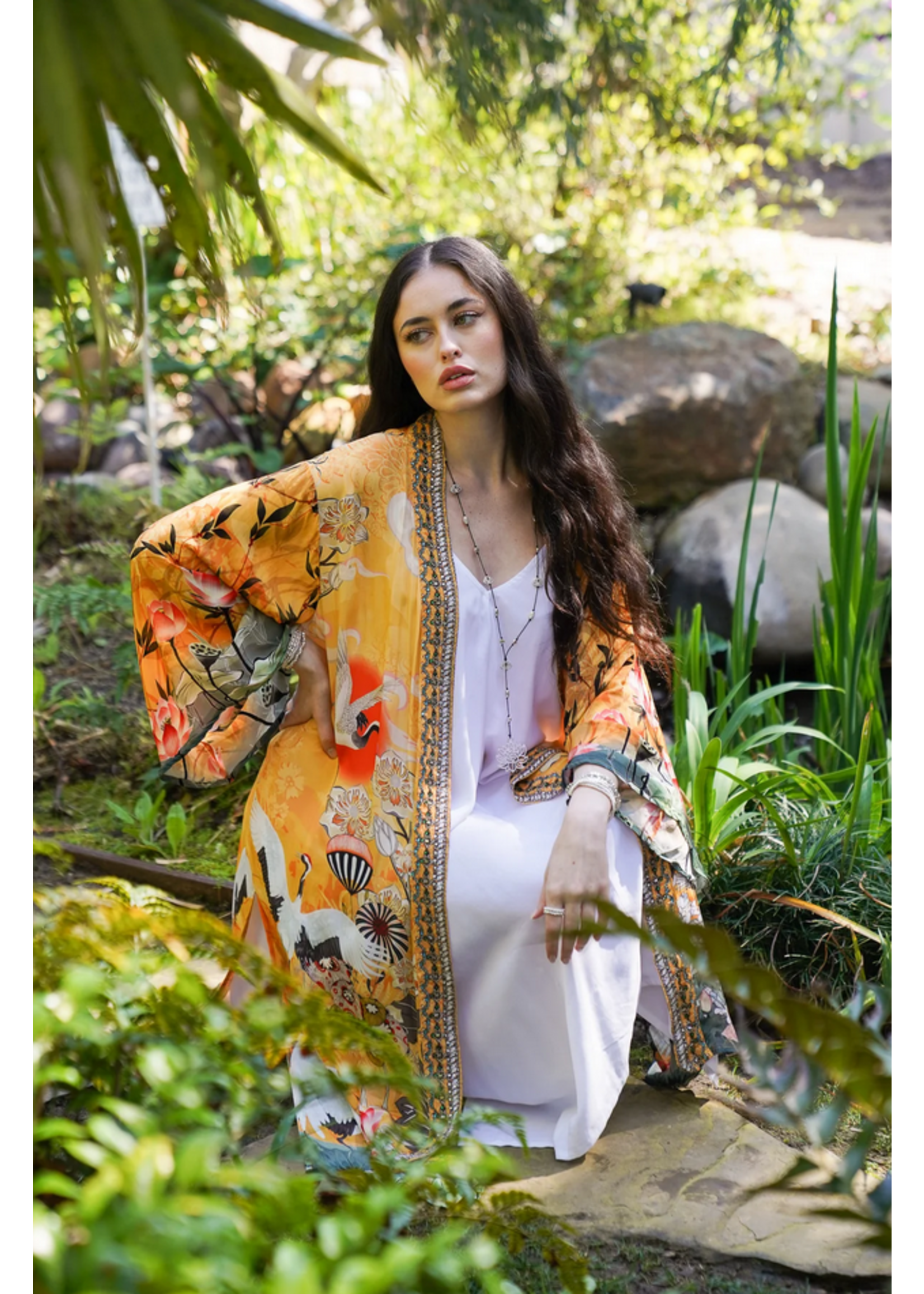 Bali Queen Bombay Jeweled Kimono Crane Sunrise Viscose Silk 1 Size